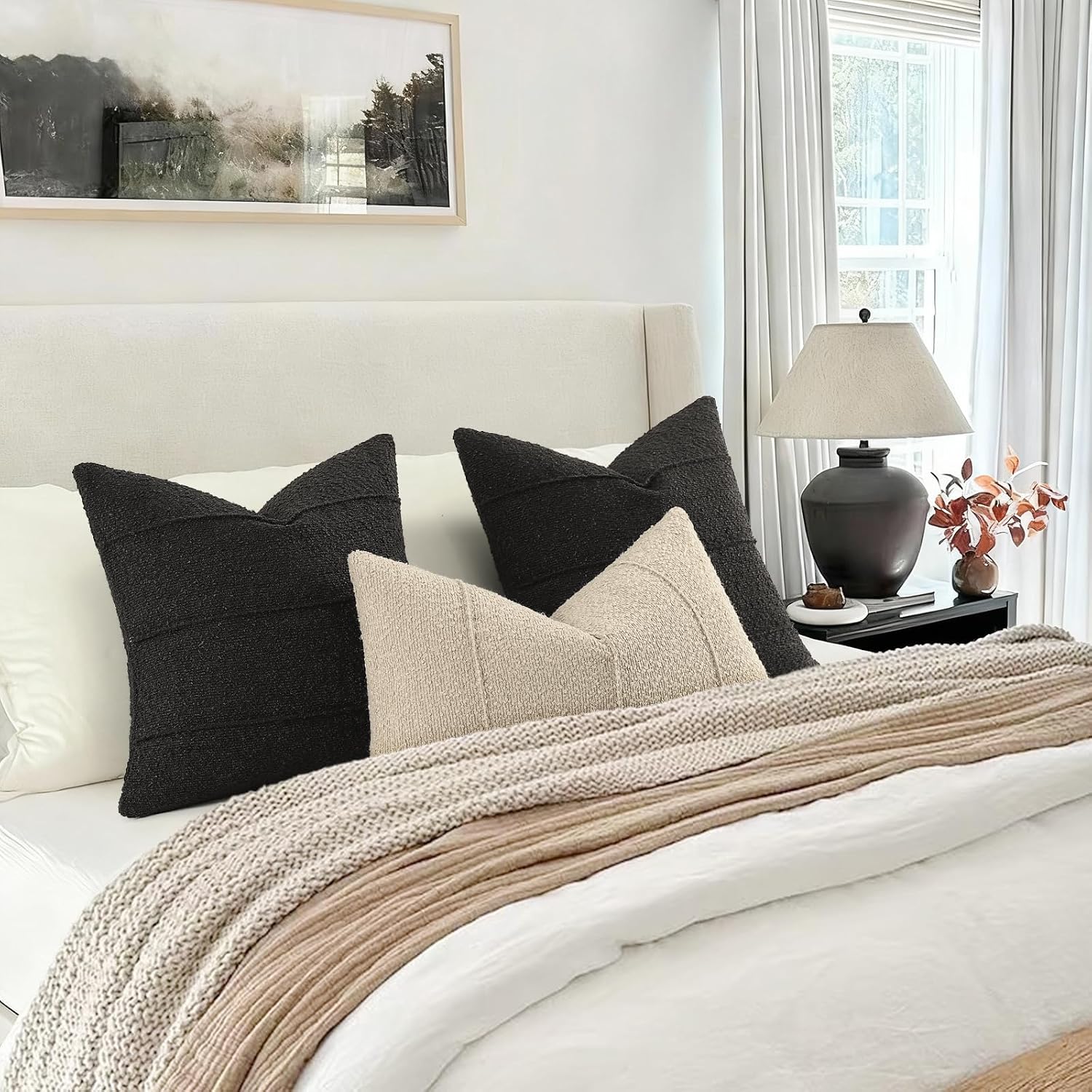 Textured Boucle Throw Pillow Covers / Black / 18 x 18 / Set of 2