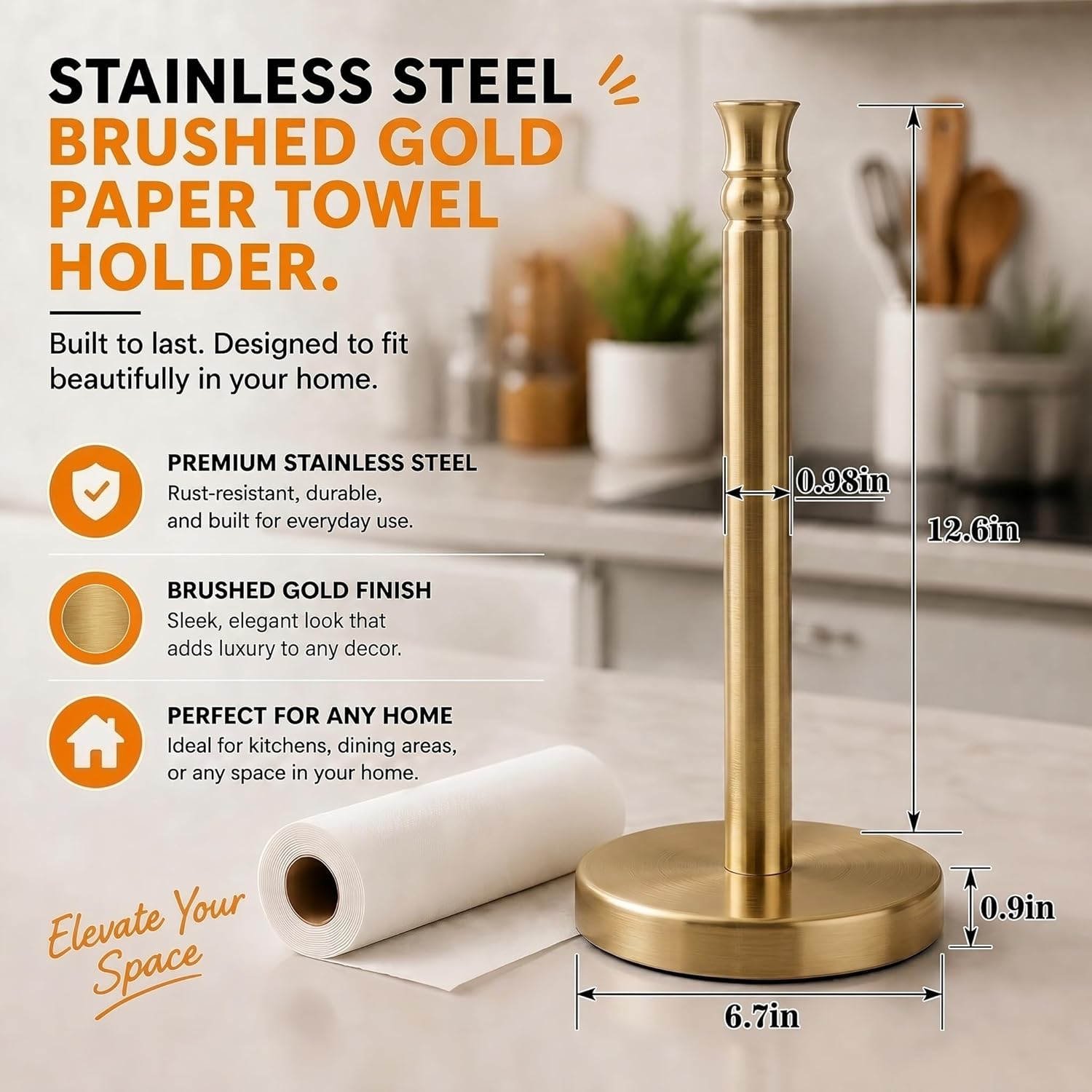Paper Towel Holder, Stainless Steel Heavy Base (2LBS in Weight, and 6.7inch in Diameter), Gold Brushed Finish, Paper