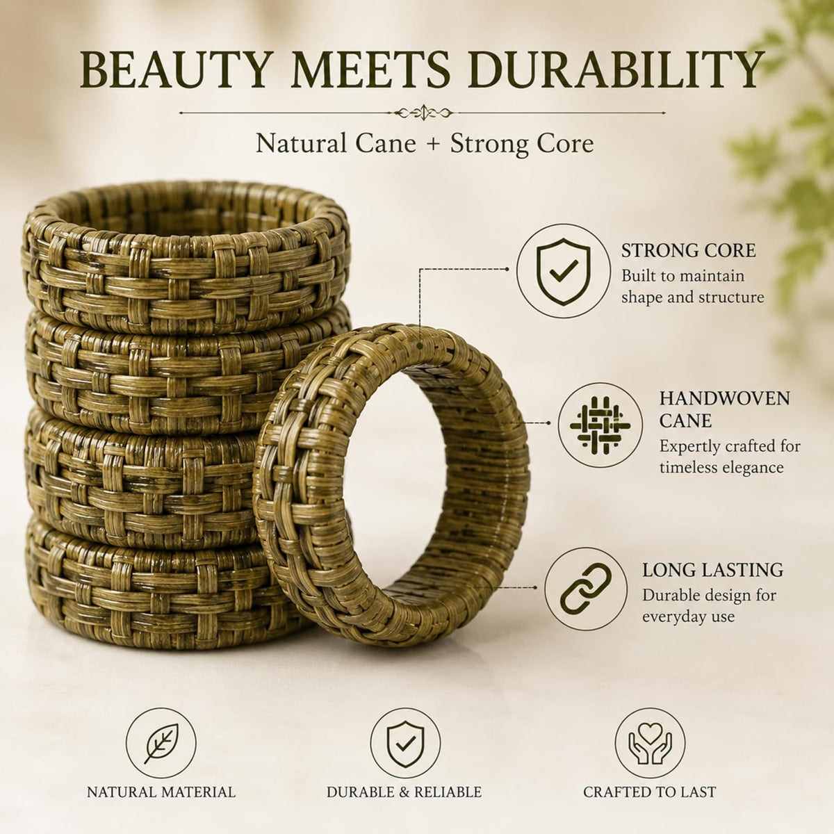Cane Woven Napkin Rings, Set of 12 - Army Green | Natural cane with plastic core, 2.25x2.25x0.5 in. each, boho