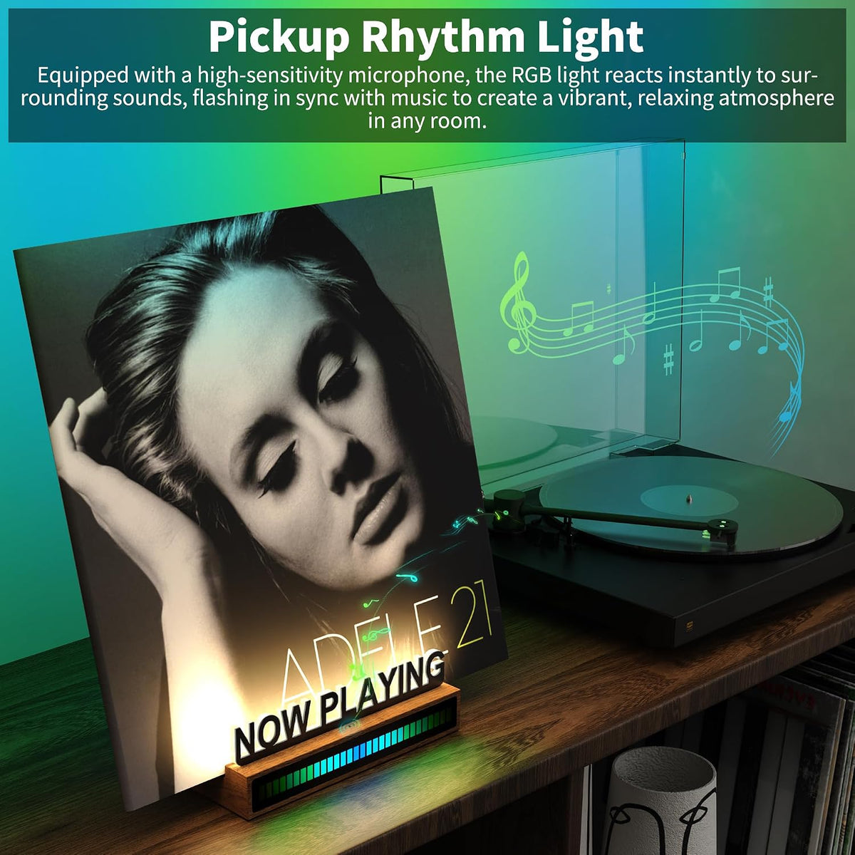 Now Playing Vinyl Record Stand, Light Up Vinyl Record Display Stand with RGB Sound Control Pickup Rhythm Lights Bar