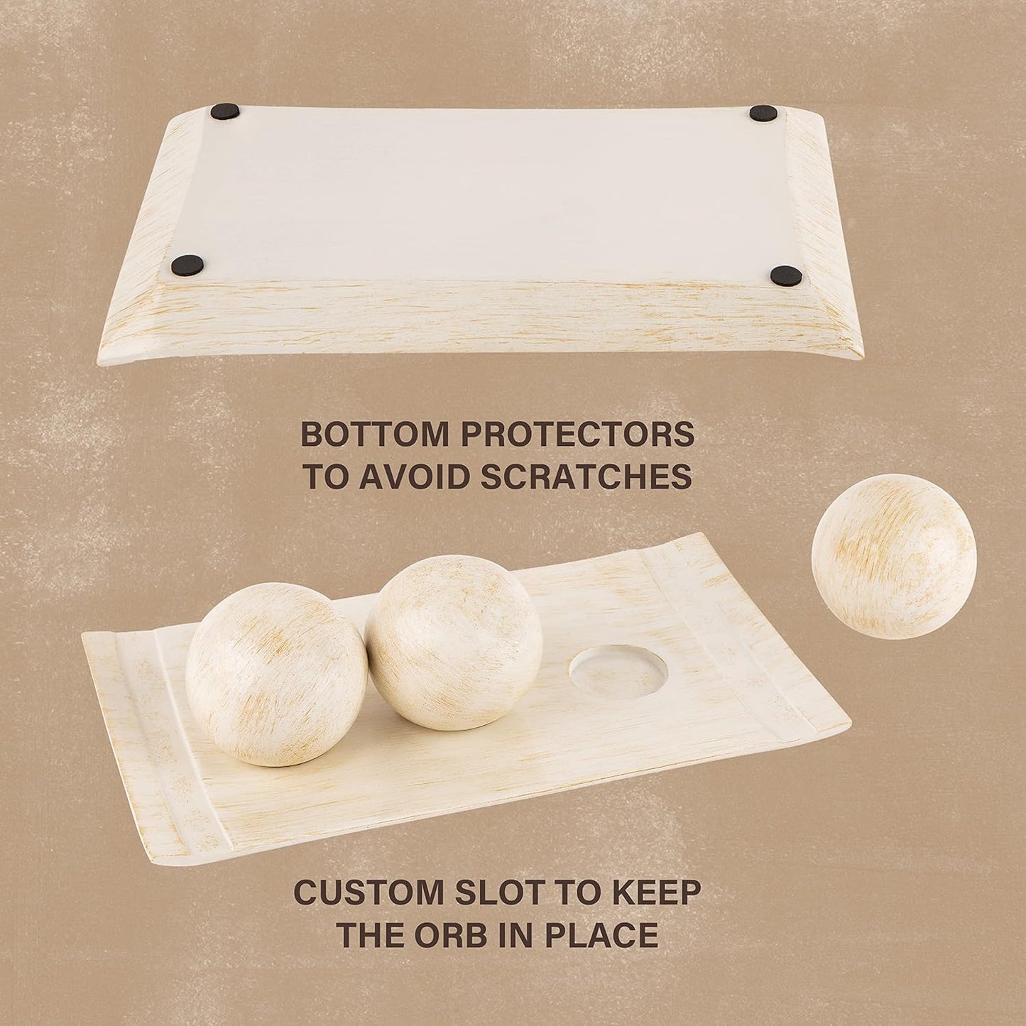 Rustic Luxe Decorative Tray and Orb Set / Distressed White