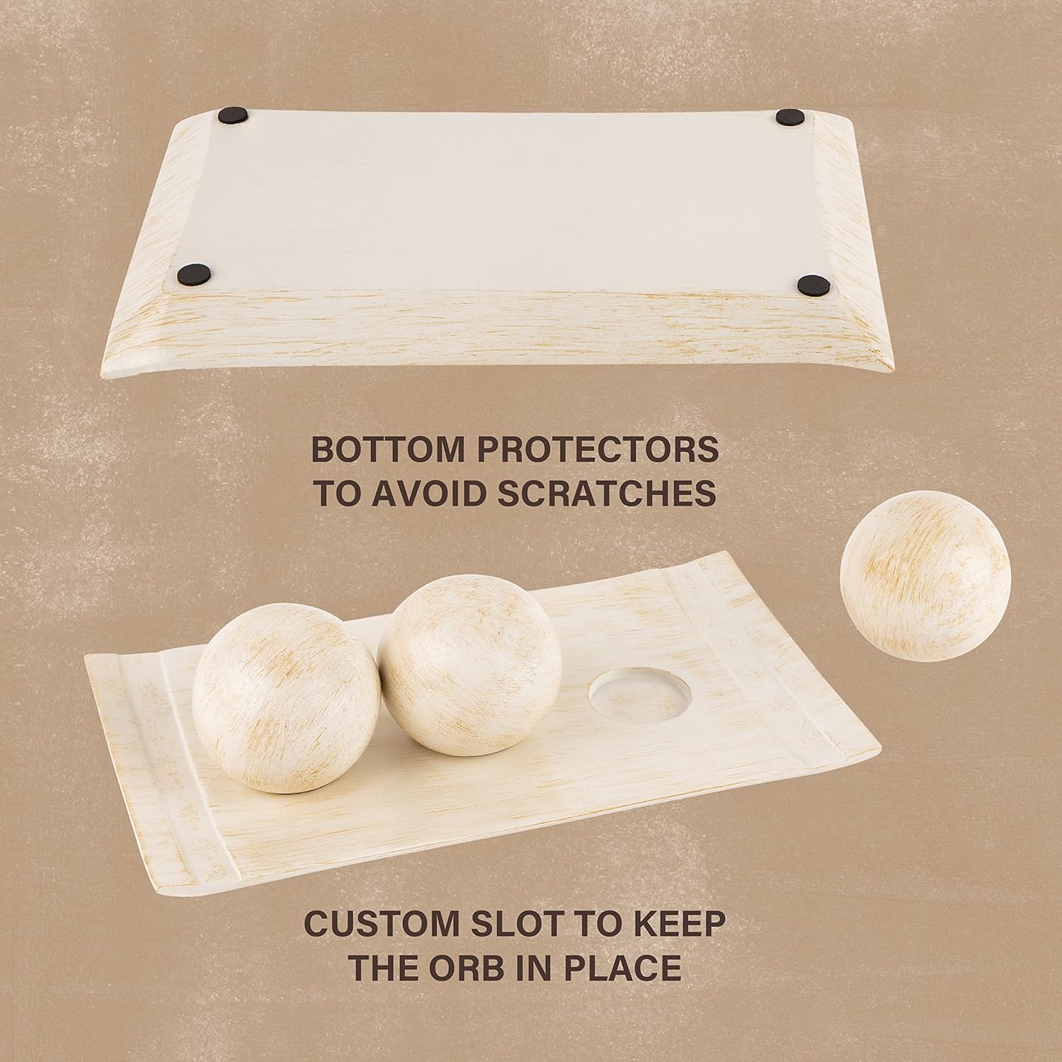 Rustic Luxe Decorative Tray and Orb Set / Distressed White