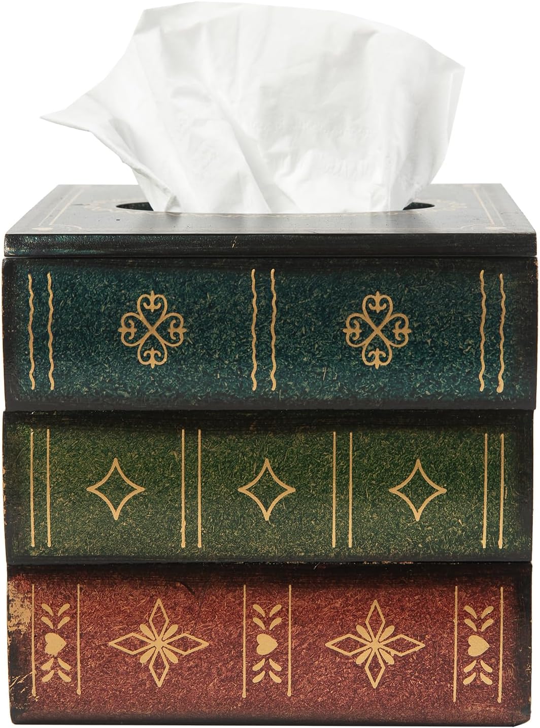 Crafted Classical Retro Wooden Antique Book Tissue Box Cover Square Tissue Holder Dispenser / Green