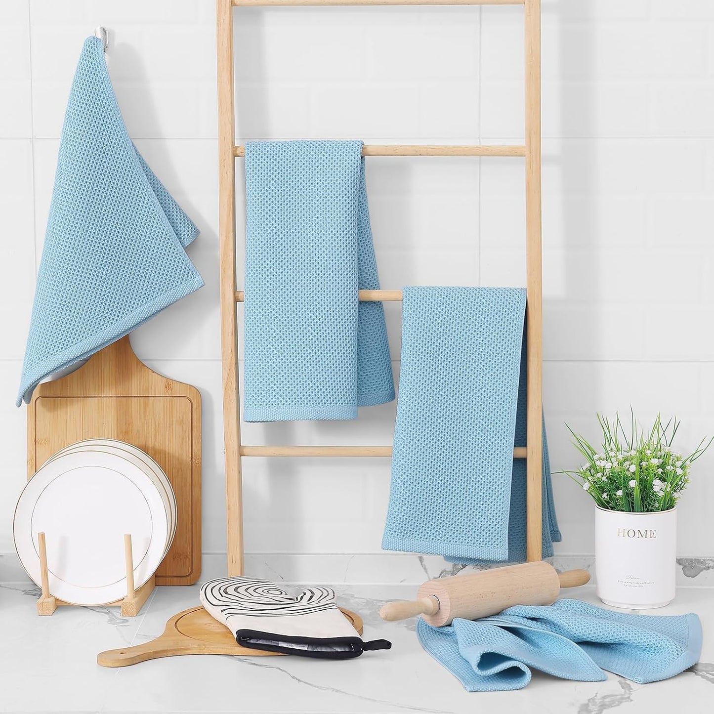 Homaxy 100% Cotton Waffle Weave Kitchen Dish Towels 6-Pack, Sky Blue | 13 x 28 Inches, Ultra Soft Absorbent Dish