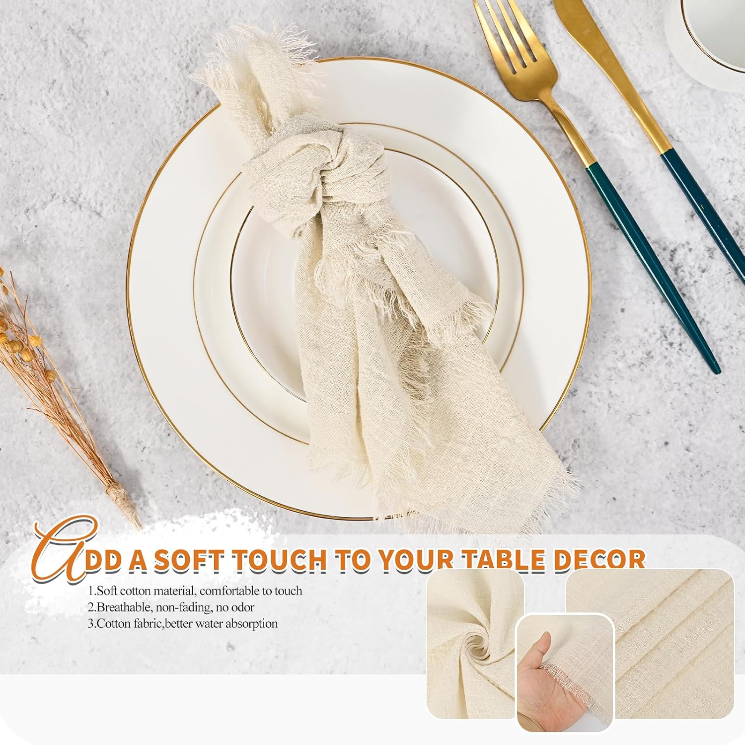Pesonlook 60 Pcs Natural Cotton Linen Napkins with Fringe, 16x16 Inches | Handmade Cotton Cloth Napkins with