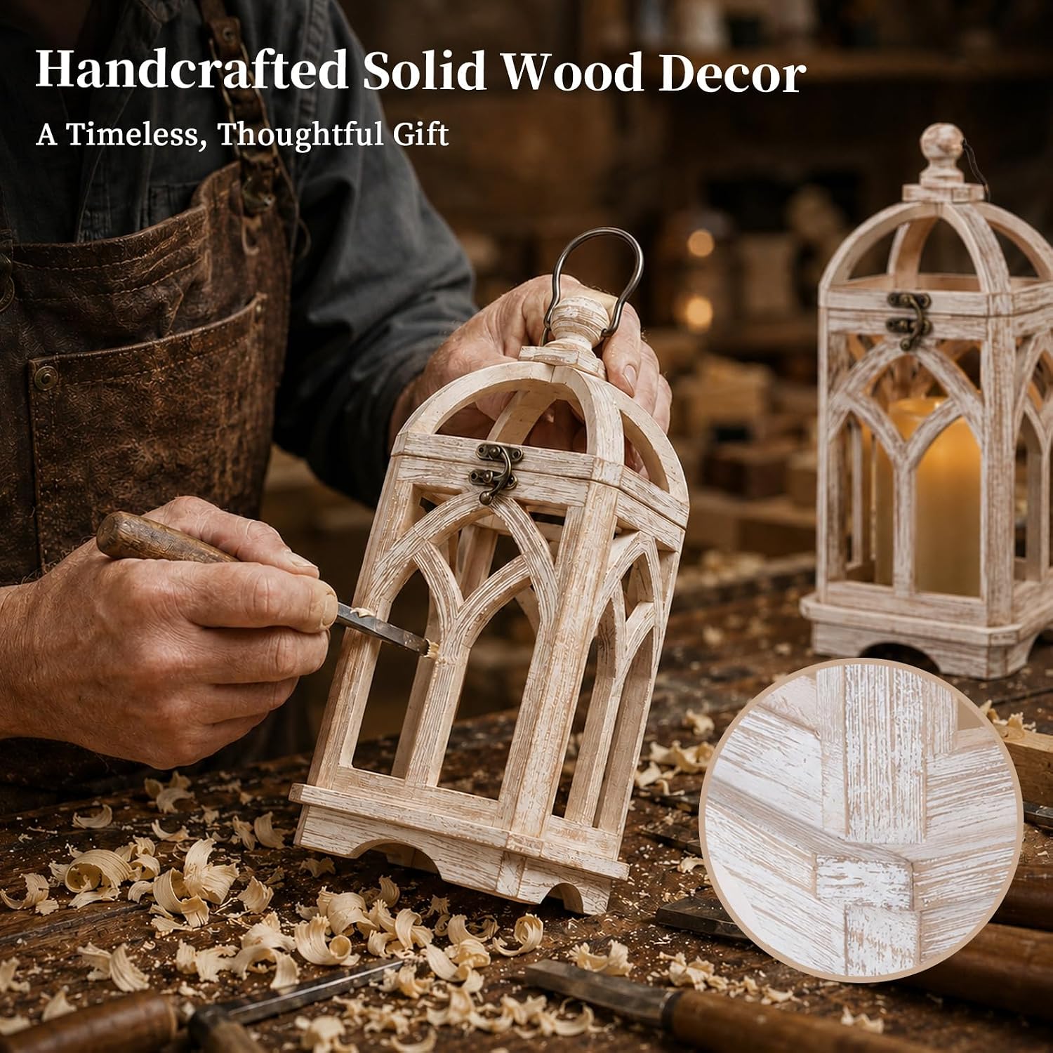 Farmhouse Lantern Decorative Indoor, White Wood Candle Holder | Wash White Hanging Lanterns, 15" & 11" Set of 2, Fall