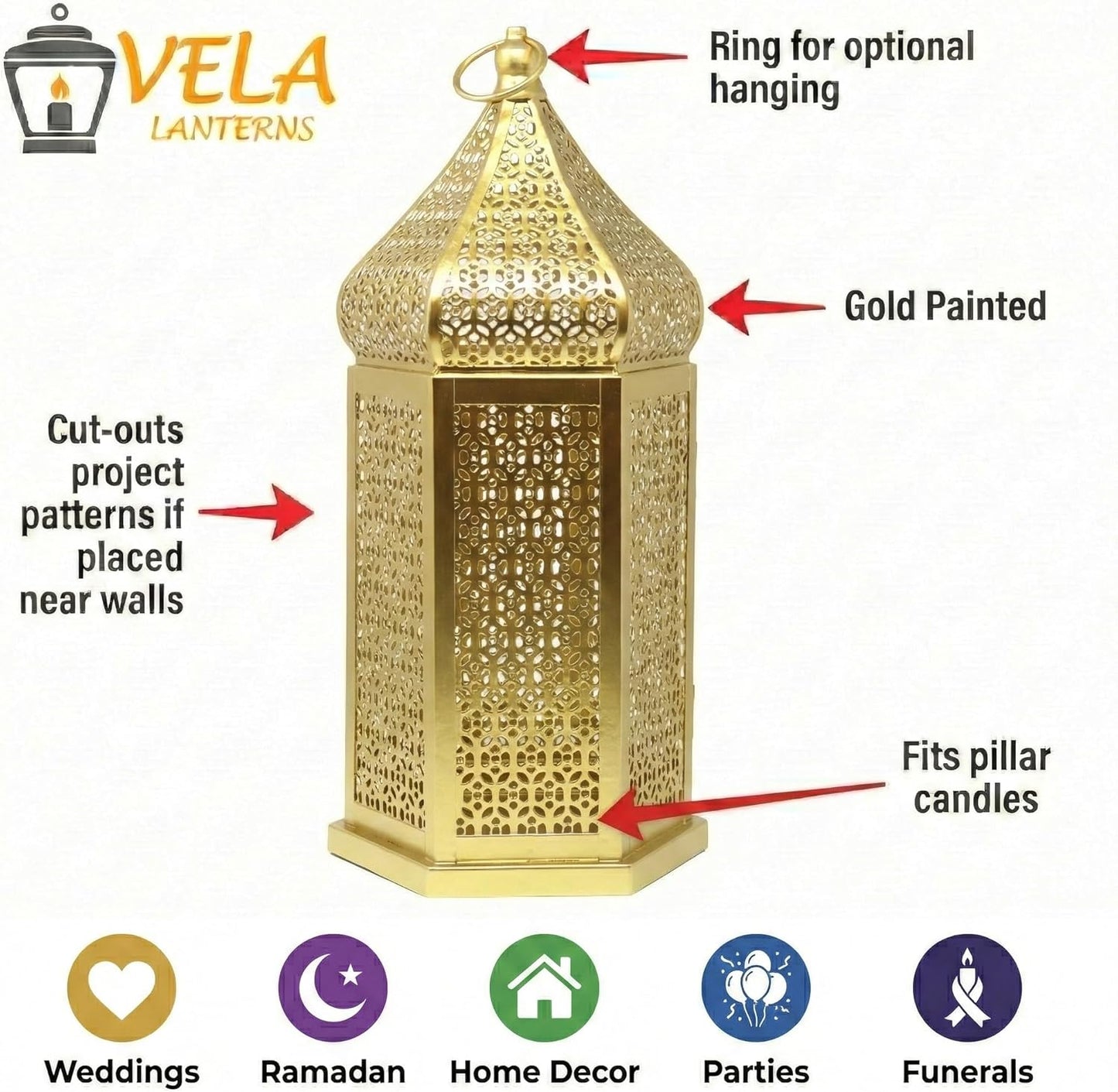 Vela Lanterns Decorative Indoor Gold Moroccan Floor Lantern, Extra Large | Big Moroccan Candle Holder Lamp, Golden