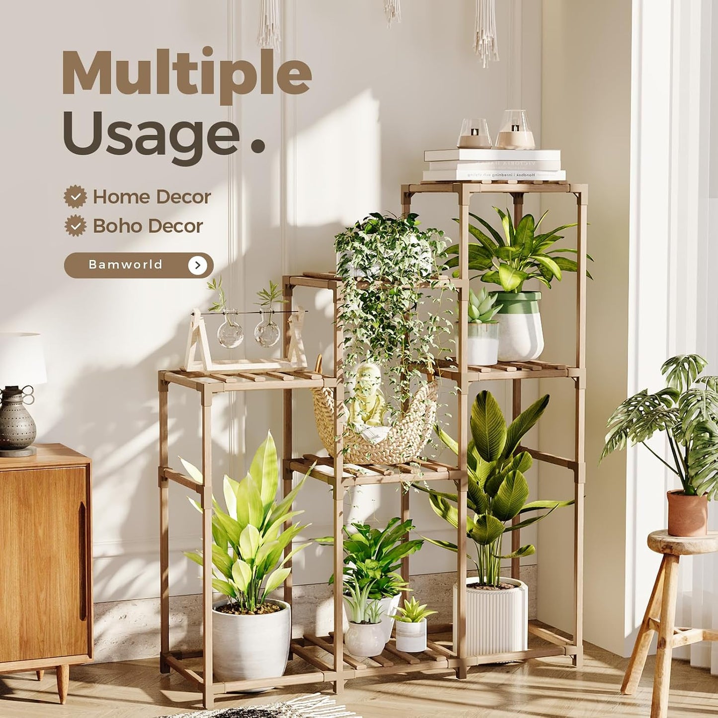 Bamworld Tall Plant Stand Indoor Wood Shelf Outdoor Tiered Rack | for Multiple Flowers 5-Tier 7-Pot Ladder Holder for