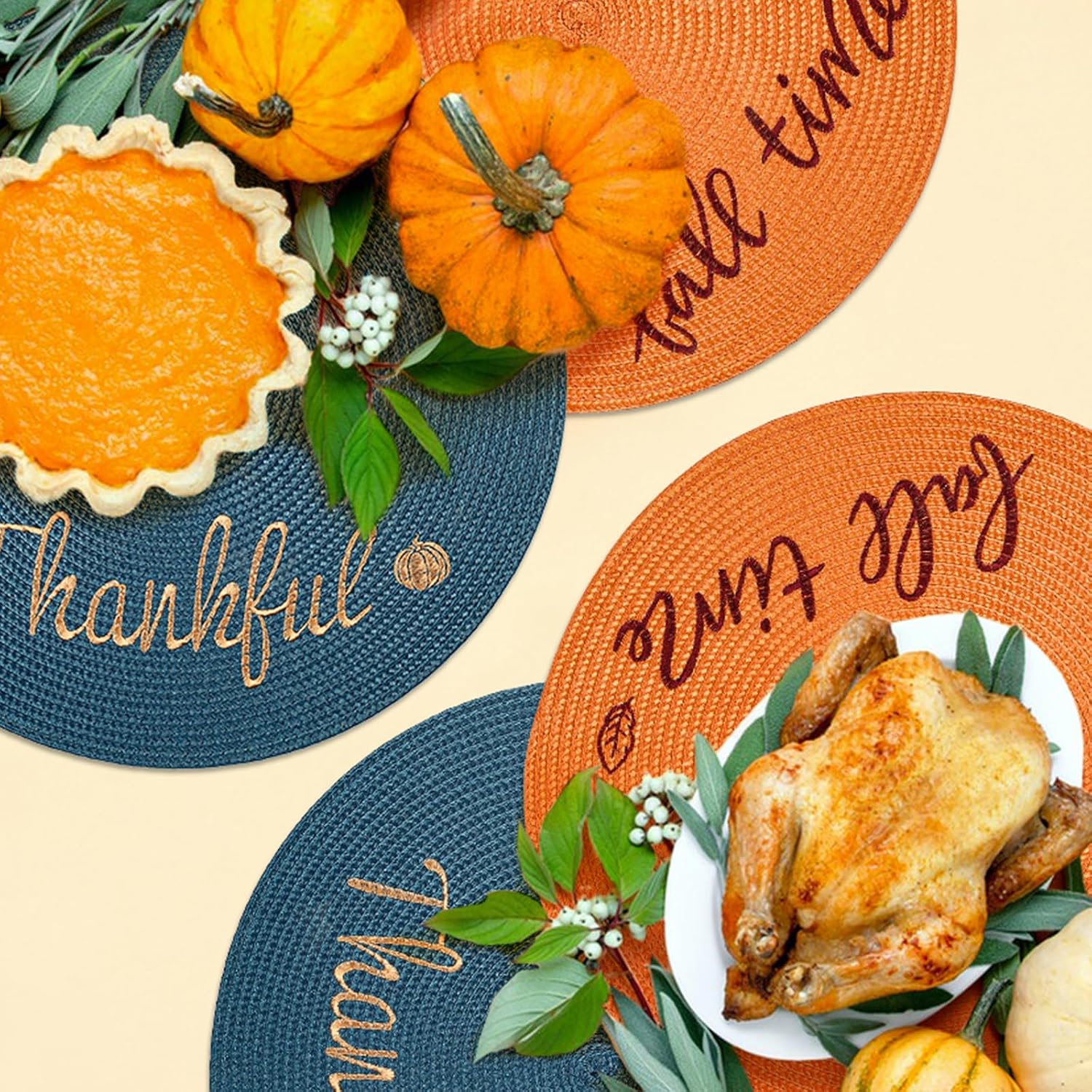 FunWheat Round Placemats Set of 6 Table Mats for Thanksgiving Tables Washable Non-Slip Place mats 15 Inch for