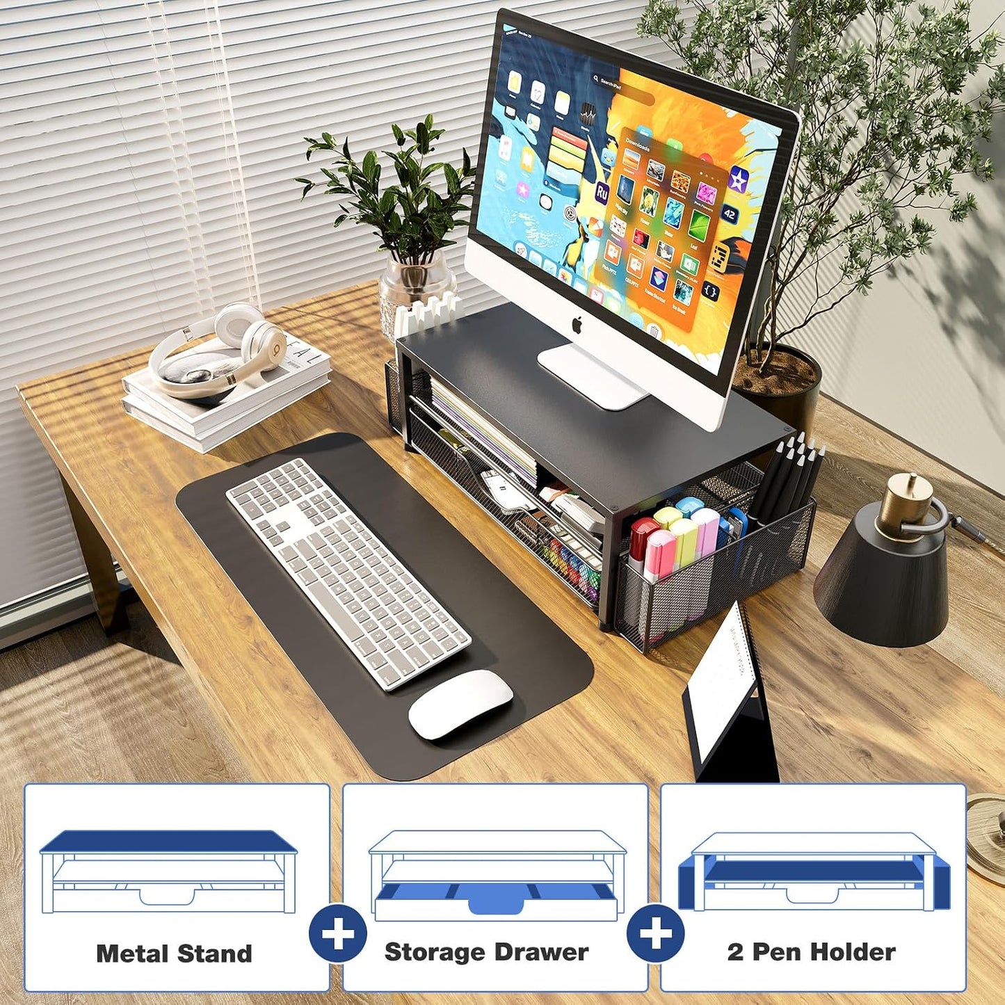 Desk Organizer and Accessories, 2-Tier Computer Monitor Stand Riser with Drawer and 2 Pen Holders, Laptop Stand, Office