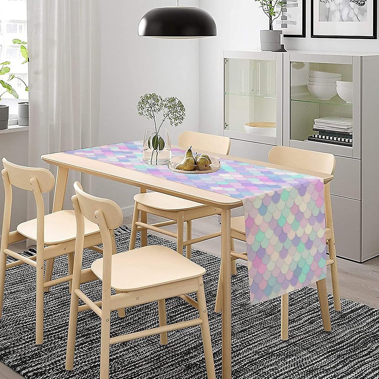 Mermaid Scales Table Runner Sea Theme Magic Blue Purple Pink Watercolor Scales Pattern Printed Linen Table Runner for