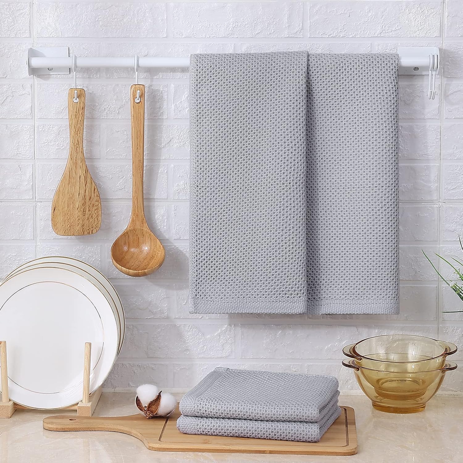 Kitinjoy 100% Cotton Waffle 8-Pack Kitchen Towels, 13" x 28", Light Grey | Super Soft, Ultra-Absorbent, Fast Drying