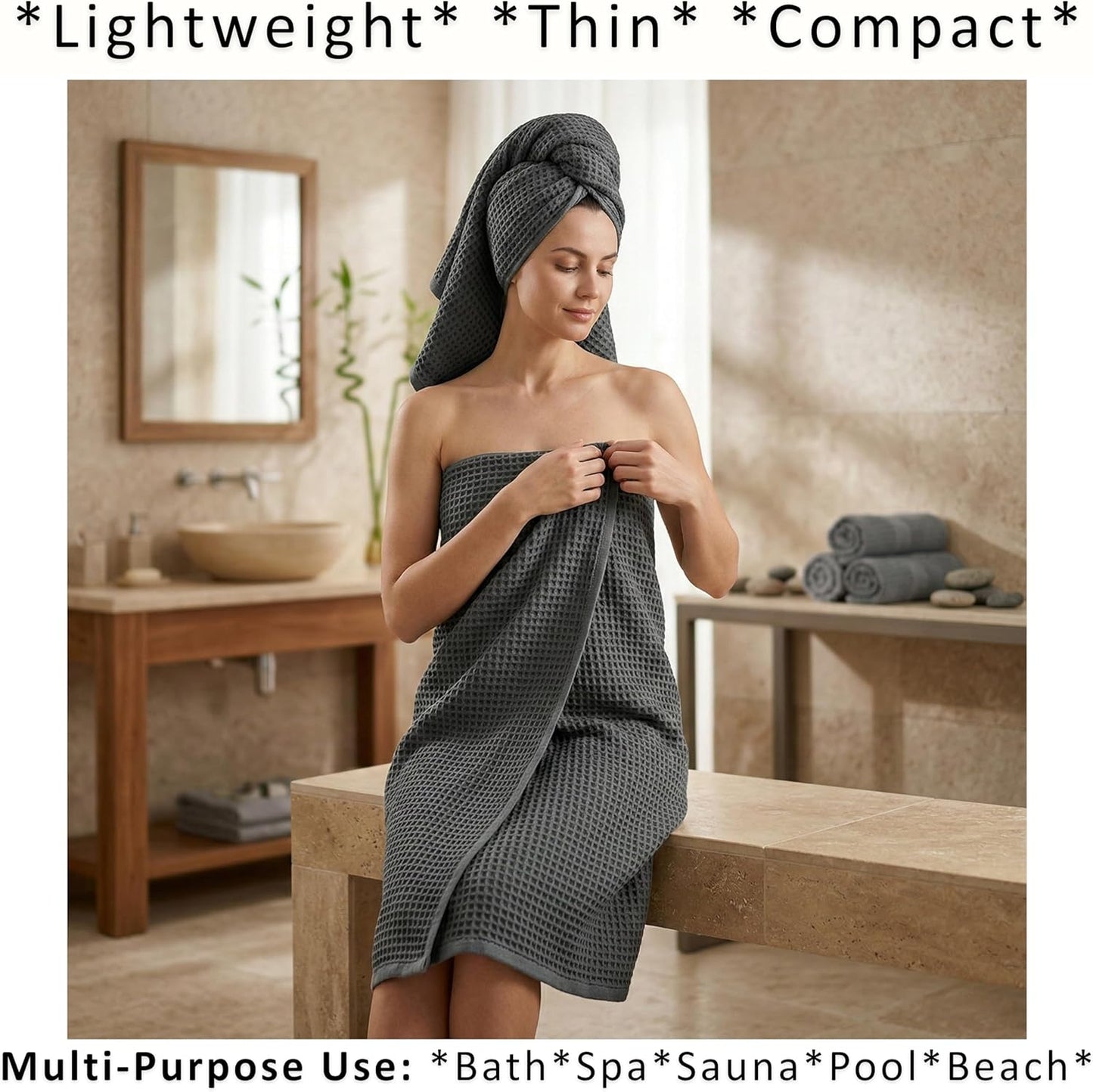 PÜSKÜL Natural 100% Turkish Cotton Waffle Bath Towels Set of 2, Extra-Large | Dark Gray, Oversize 32x63" Bath sheet