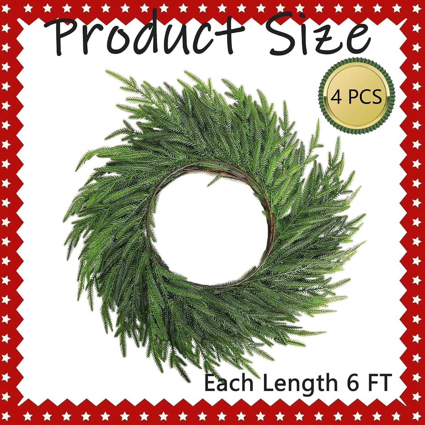 4 Pcs Christmas Norfolk Pine Garland, 6 Ft Real Touch Pine Garland Ornament | Dense Realistic Artificial Pines Greenery