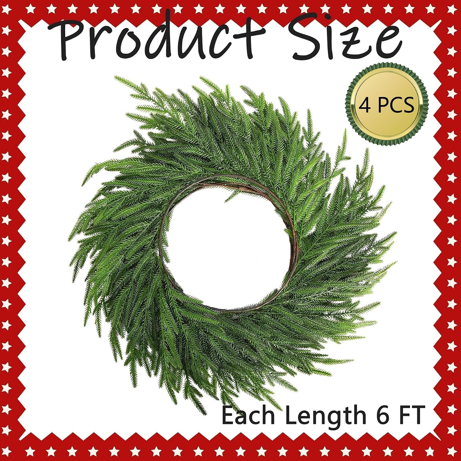 4 Pcs Christmas Norfolk Pine Garland, 6 Ft Real Touch Pine Garland Ornament | Dense Realistic Artificial Pines Greenery