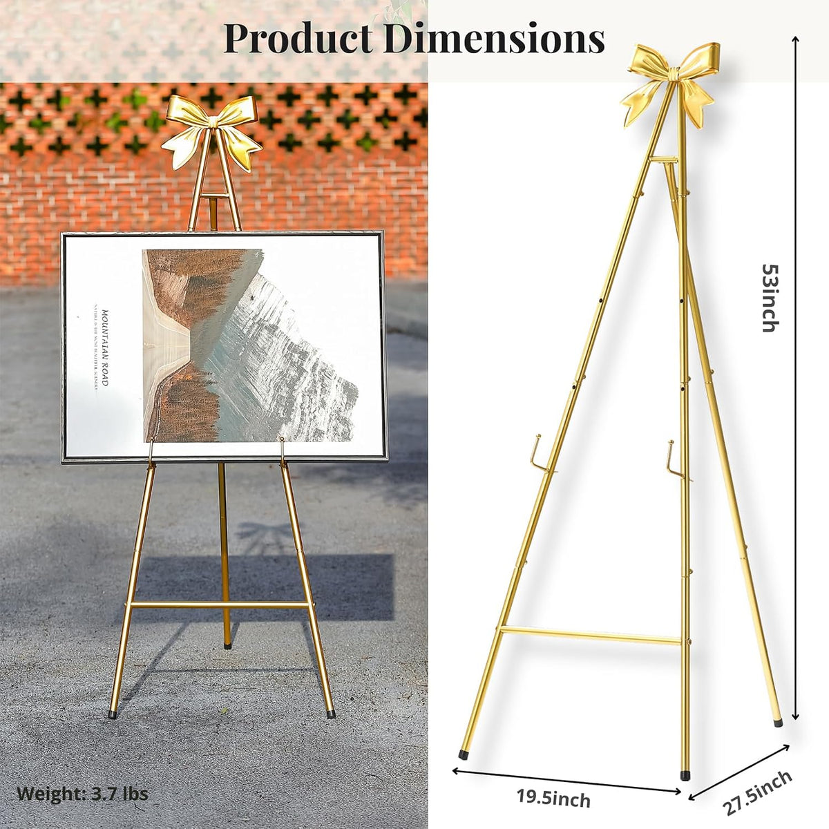 53”H Metal Gold Easel Stand for Sign Heavy Duty with Bow Top | Large Adjustable Display Standing for Wedding Displaying