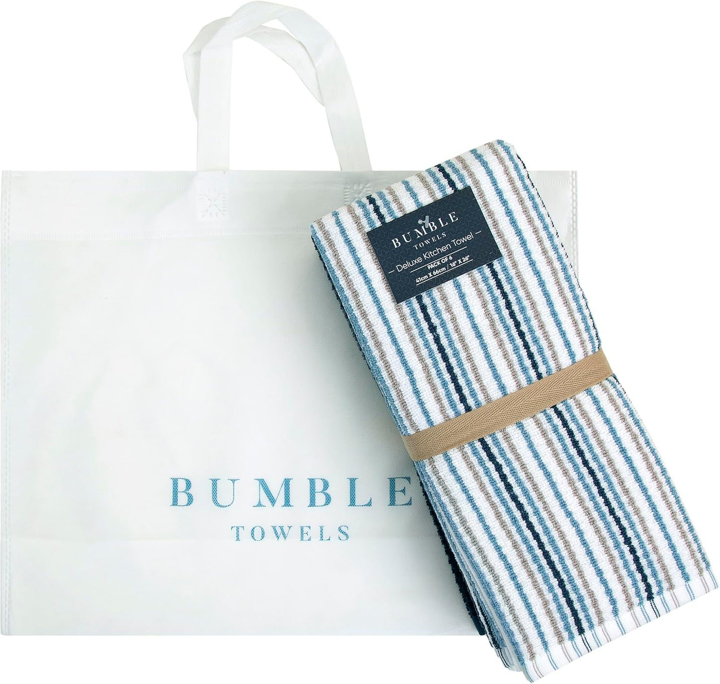 Bumble Kitchen Towels 6 Pack 100% Cotton 16"x26" - Blue | 430 GSM Soft Kitchen Hand Towels with Hanging Loop, Highly
