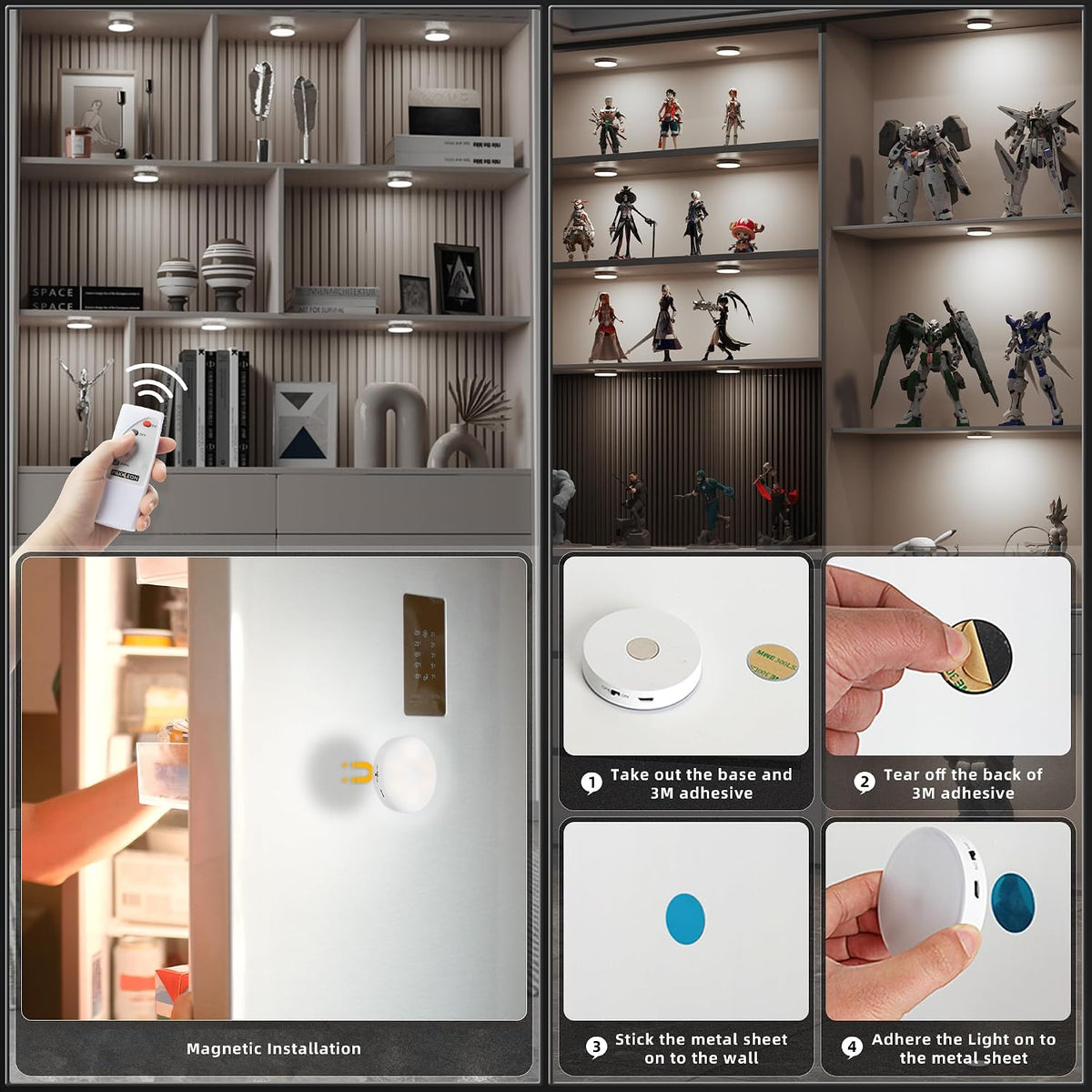 Puck Lights with Remote Control,Under Cabinet Lighting,Cool White,9 pcs | Stick On Lights,Magnetic,Cordless,1200mAh
