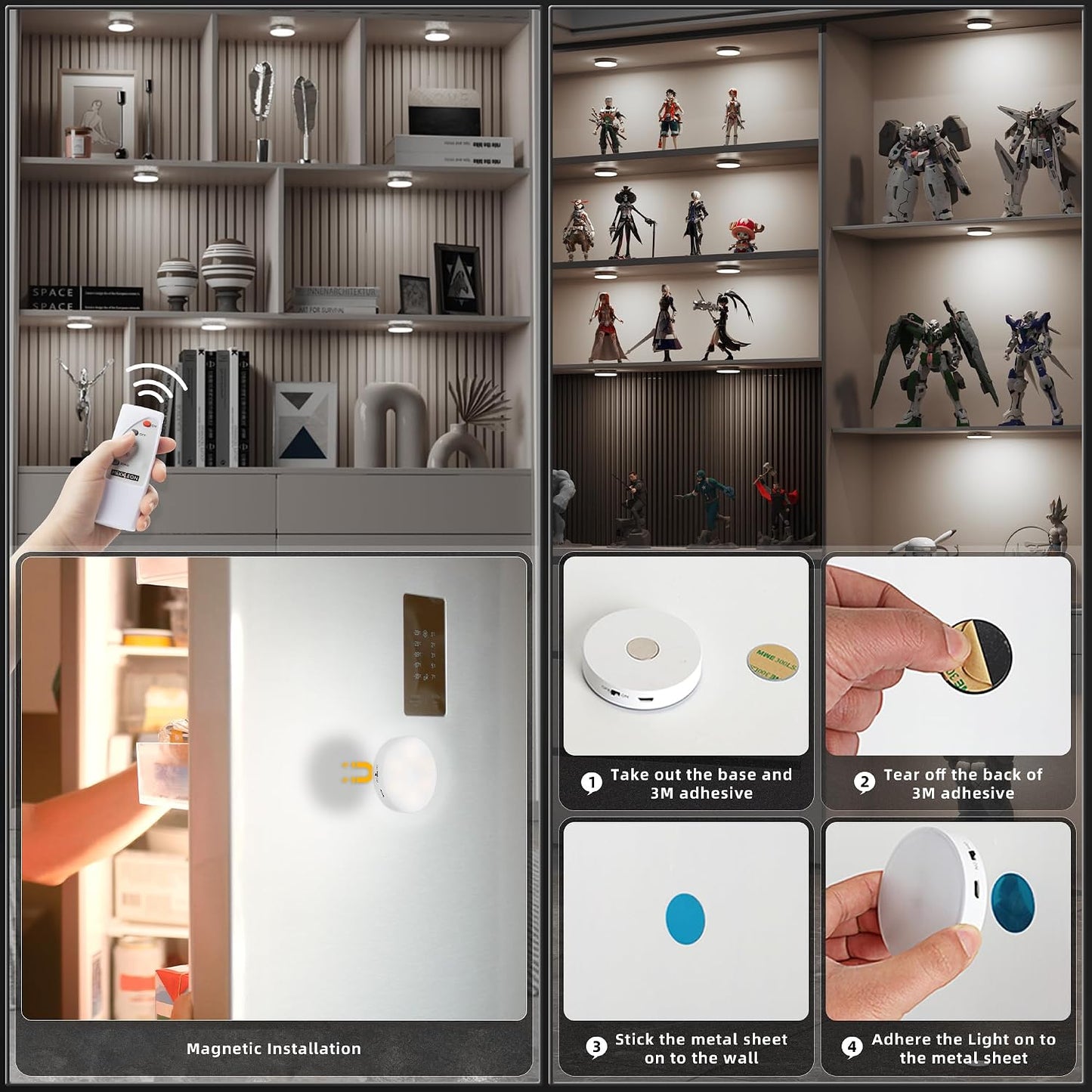 Puck Lights with Remote Control,1000mAh Rechargeable Under Cabinet Lighting,LED Closet Lights,9Pack Night