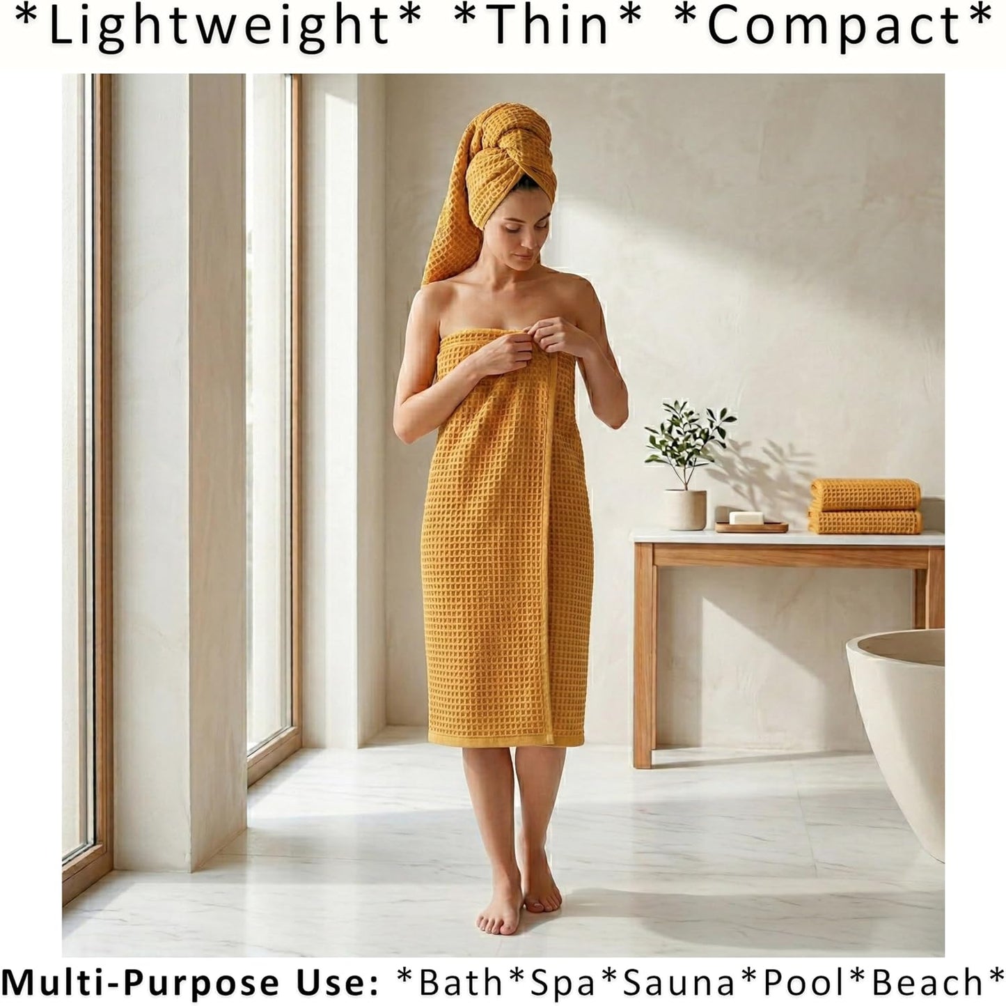 PÜSKÜL Natural 100% Turkish Cotton Waffle Bath Towels Set of 2, Extra-Large | Mustard, Oversize 32x63" Bath sheet towel