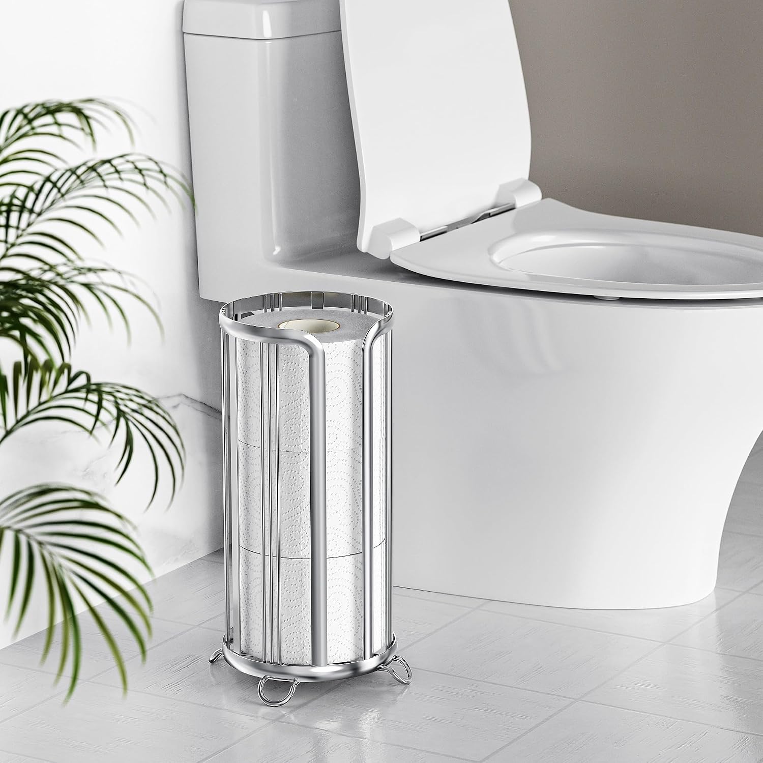 Epicano Toilet Paper Holder Stand Frees Standing,Silver | Minimalist Design, Raised Feet,Rustproof,Fit 3 Mega Rolls,No