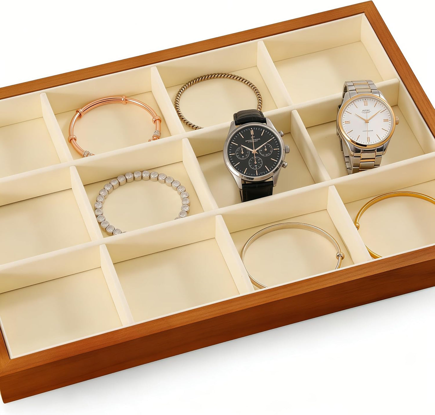 Wood Flat Jewelry Tray 12 Grid Display Wood / Old Lace / Bracelet Tray-w 9.45" x H 1.18"x L 13.78