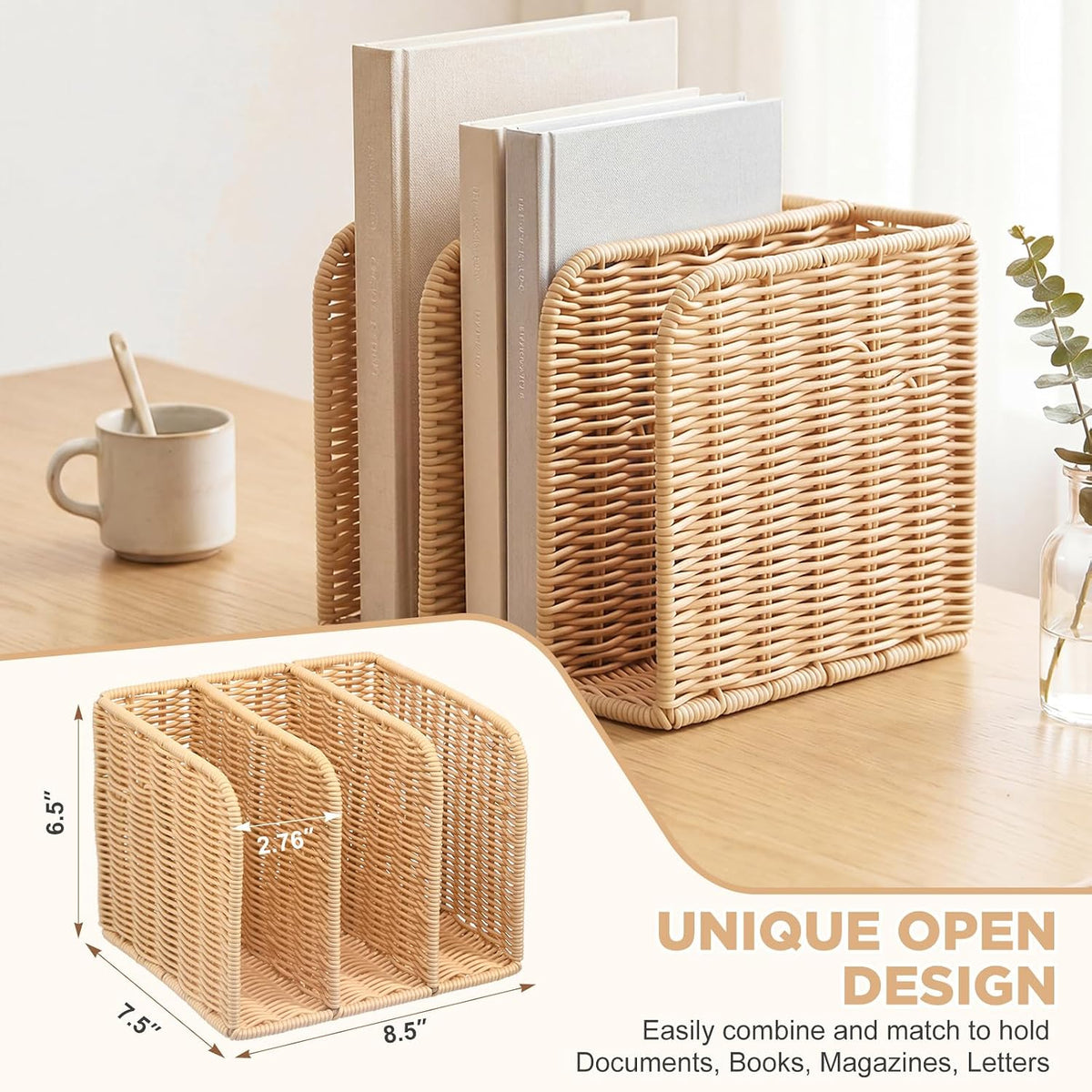 Novabright Synthetic Rattan File Magazine Holder Desk Organizer, 3 Vertical Compartments Workspace Sorters for