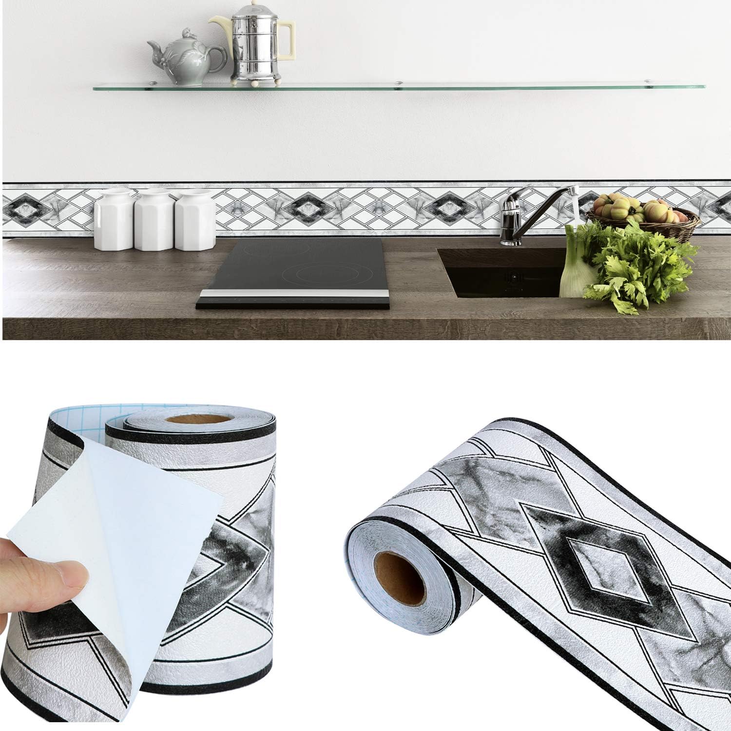 Waterproof Wallpaper Border 3D Embossed Floral Wall Border Paper Peel / 4 x 196 / Diamond-black