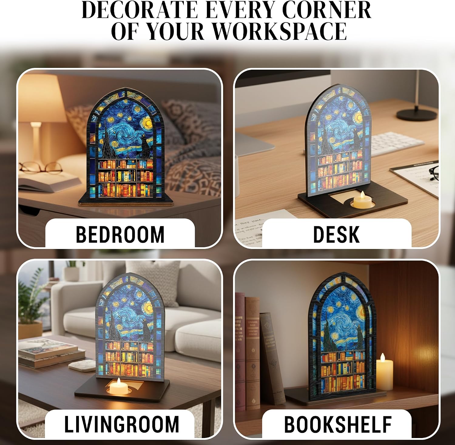 Starry Night Stained Glass Book Nook Candle Holder / Starry Night Cat Suncatcher Candle Holder