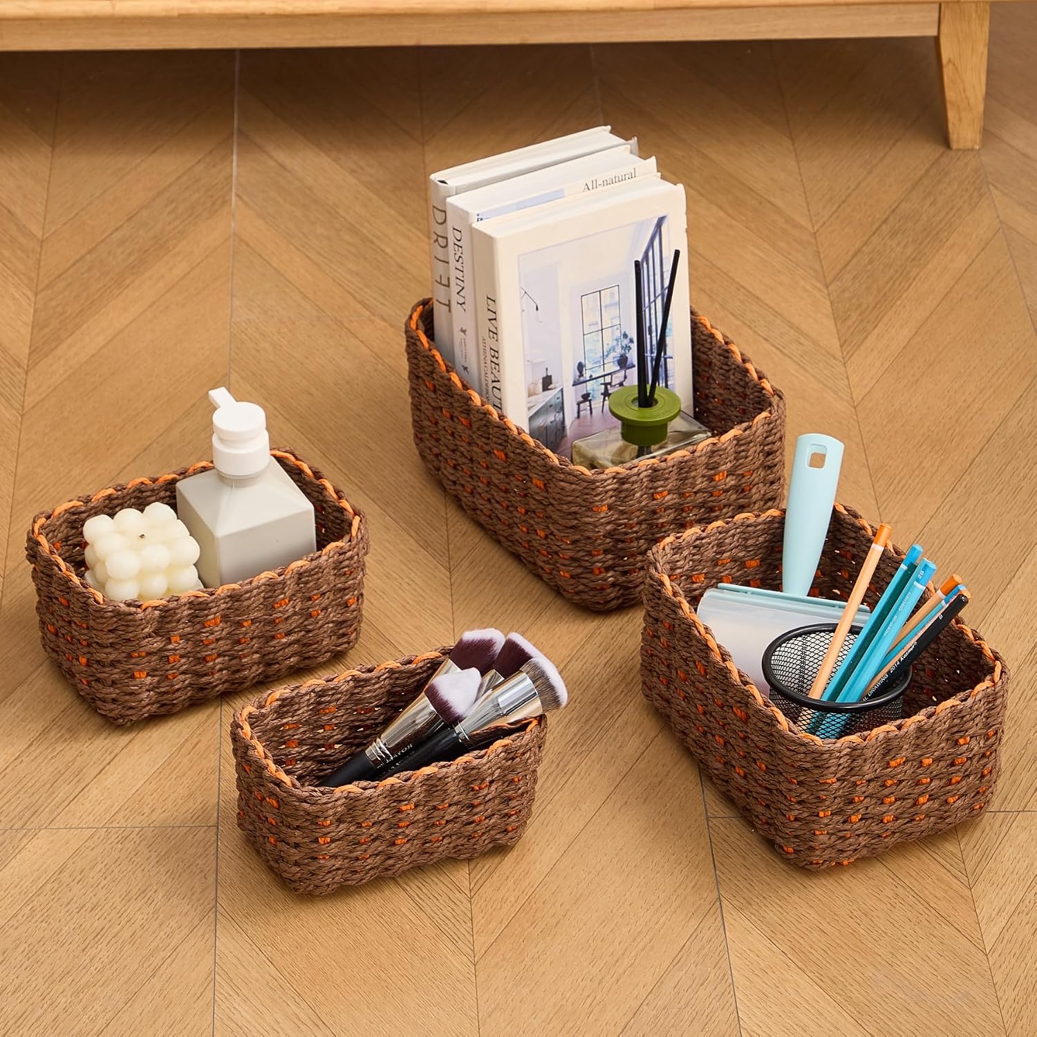 Woven Storage Baskets Set / Brown & Orange / Set of 4