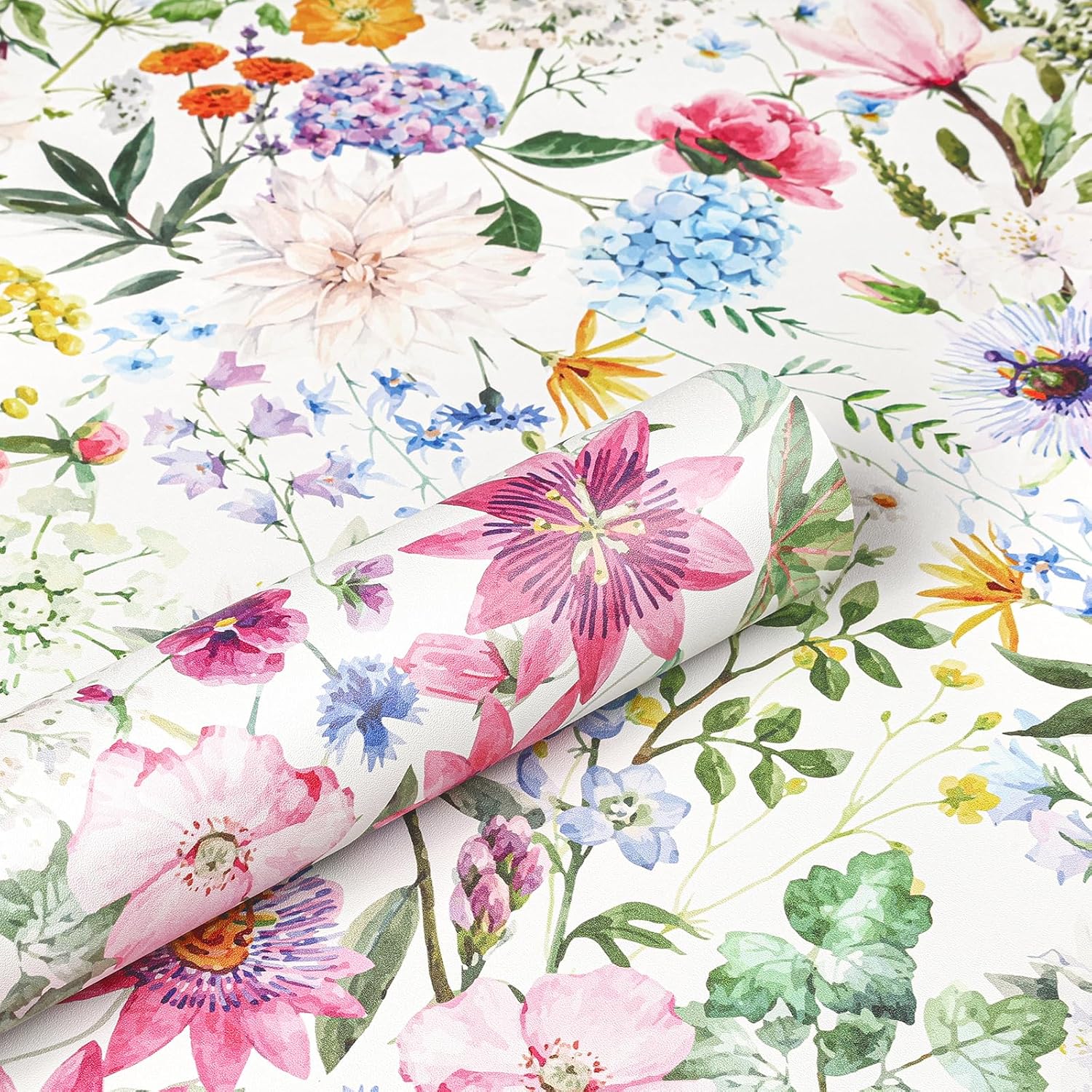 Wallpaper Watercolor Peony Hydrangea Daisy Poppy / 17.5 x 10 / Ft / Multicolor Floral / Pink