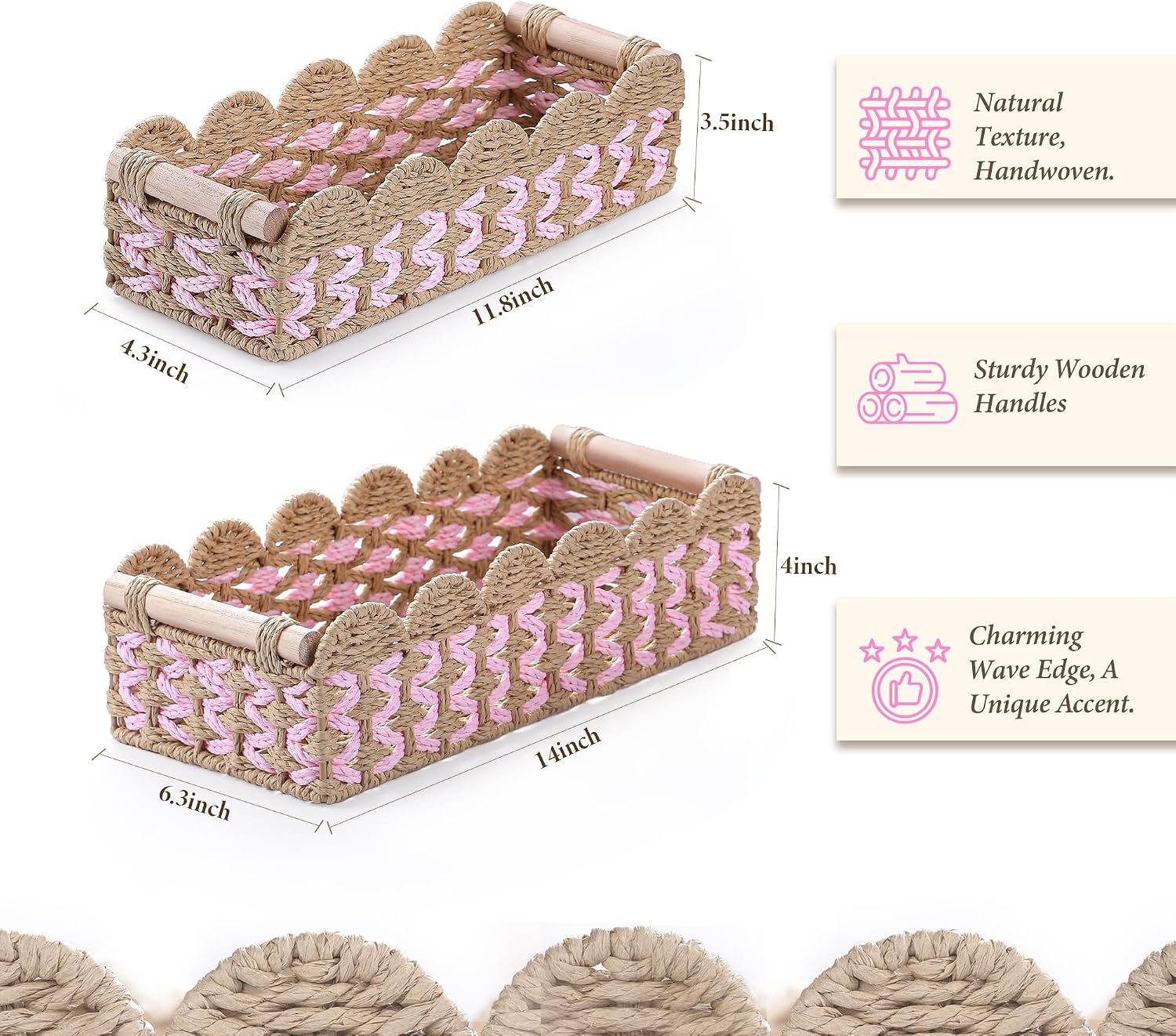 Handwoven Rattan Storage Basket Set / Pink / Set of 2