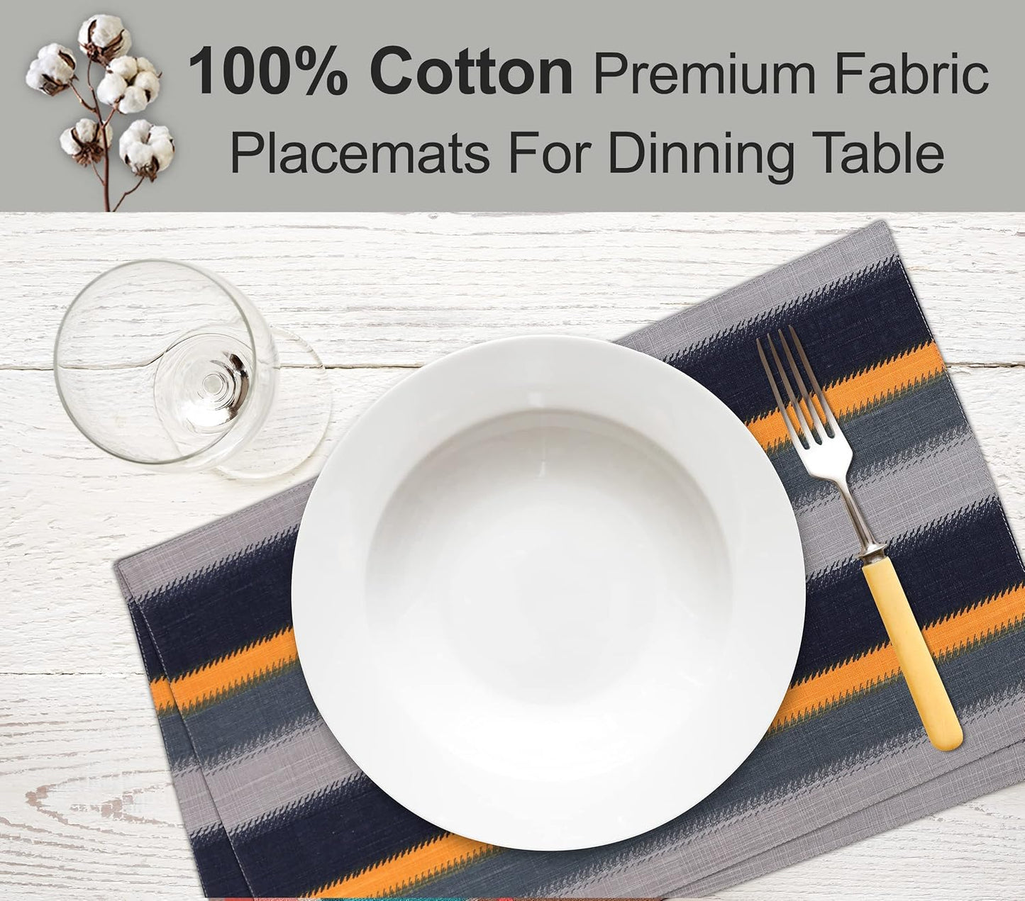 Ruvanti Placemats Set of 6, 100% Cotton Place Mats of 13"x19" – Stripes | Heat, Stain resistant, Washable, Non-Slip