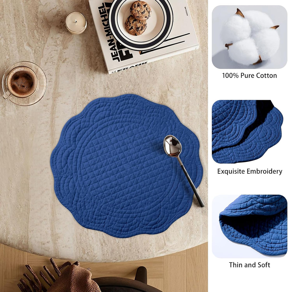 6 PC Quilted Placemats, 14" Extra Large Cotton Placemats Set of 6, 100% Cotton Fabric Washable Cloth Table Mats for