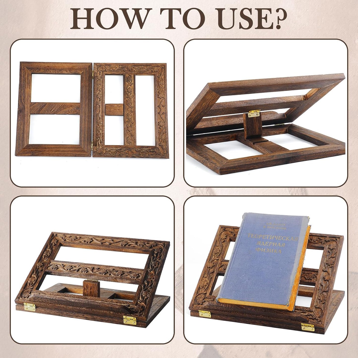 DoubleFill Adjustable Wooden Bible Stand Carved Bible Holder Missal Stand Book Display for Reading Folding Religious