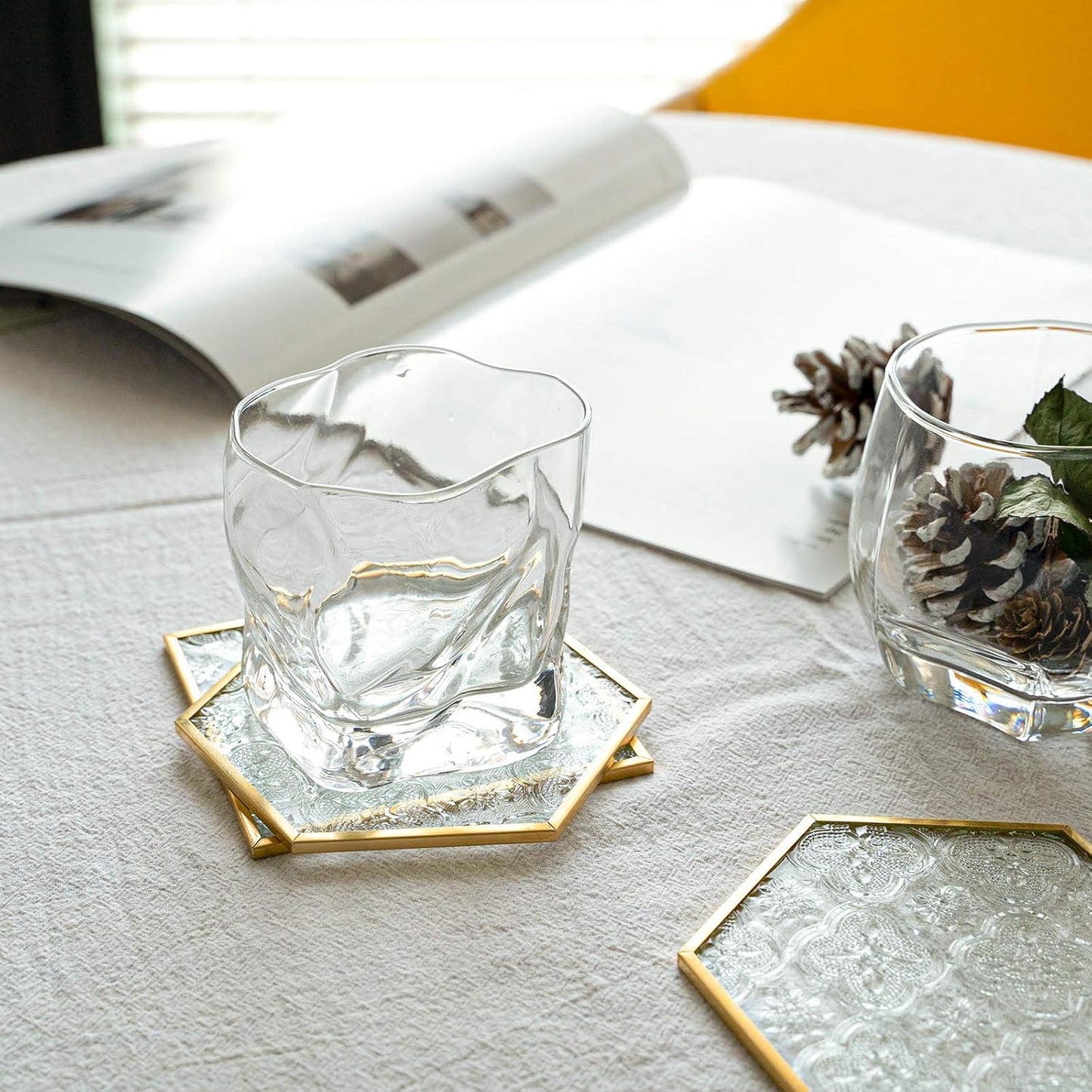Glass Coasters for Drinks / Square and Hexagonal / Gold / Set of 6