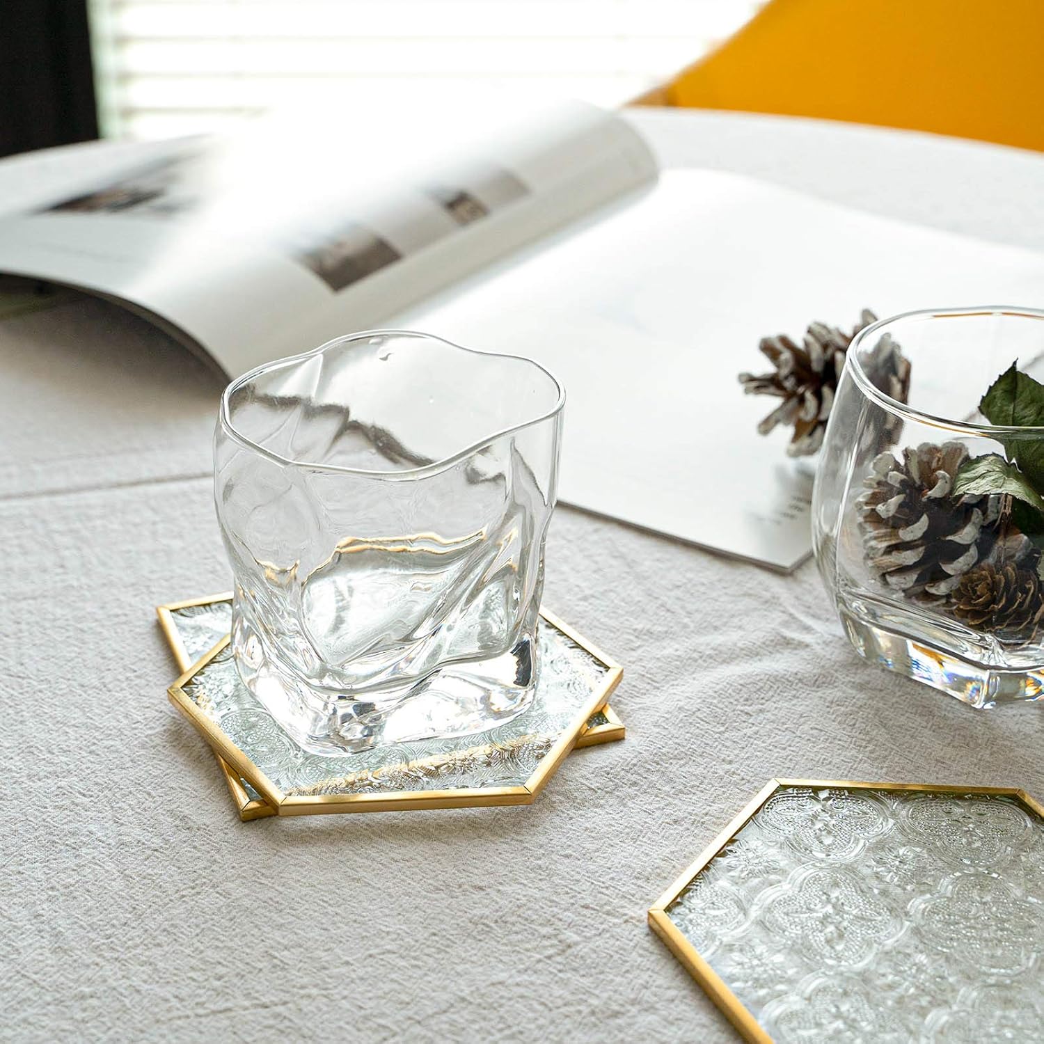 Glass Coasters for Drinks / Square and Hexagonal / Gold / Set of 6