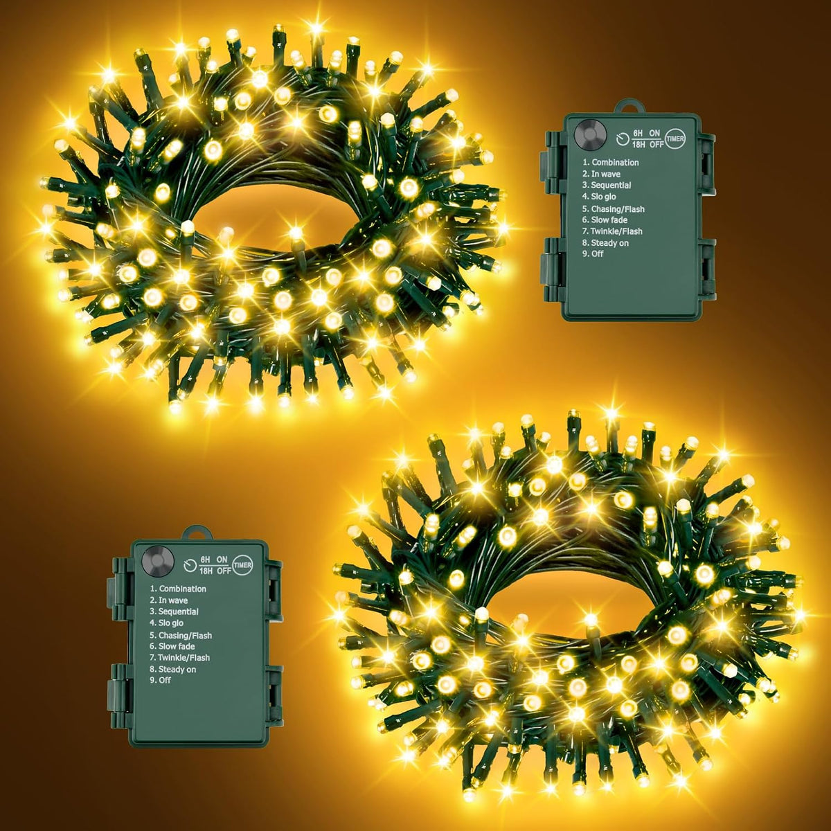 Christmas Lights Outdoor Battery Operated String Lights Total 100LED 33Ft with Timer 8 Modes 16.4Ft*2 Waterproof Outdoor Indoor for Christmas Decor, Warm White, 2-Pack