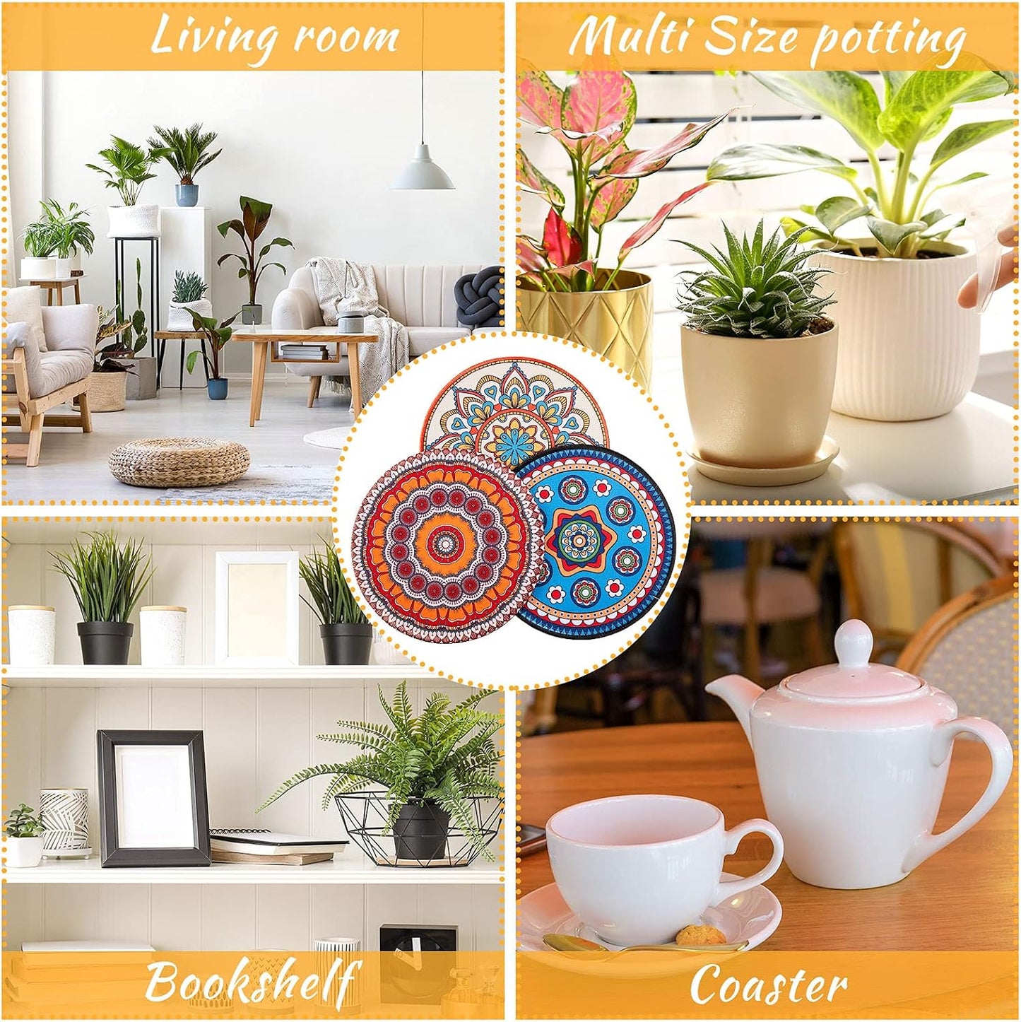 7.87" Boho Plant Coasters Large Rubber Absorbent Non Slip Pot Mats / Fashion / 8 Inch / Set of 6