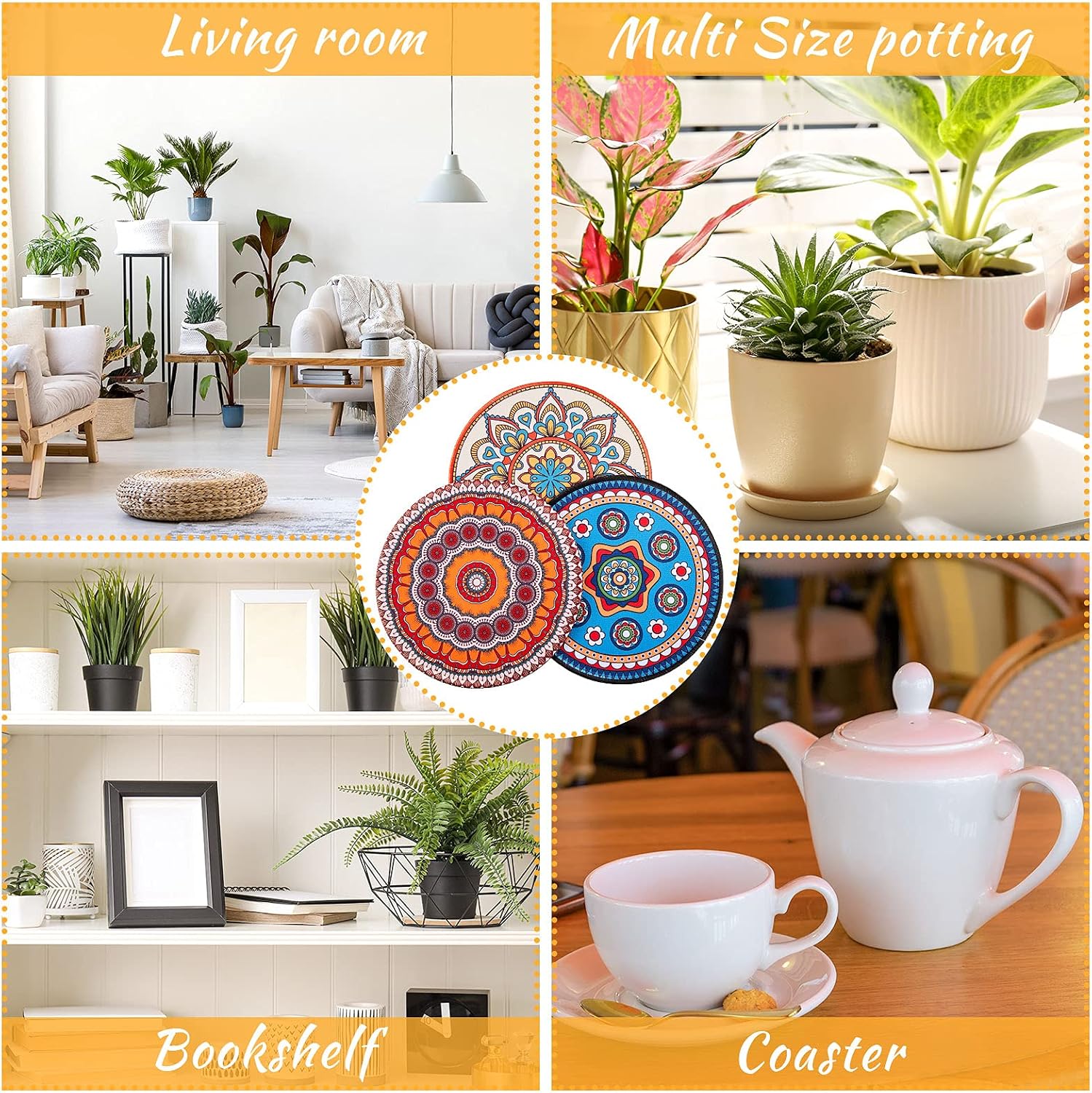 7.87" Boho Plant Coasters Large Rubber Absorbent Non Slip Pot Mats / Fashion / 8 Inch / Set of 6