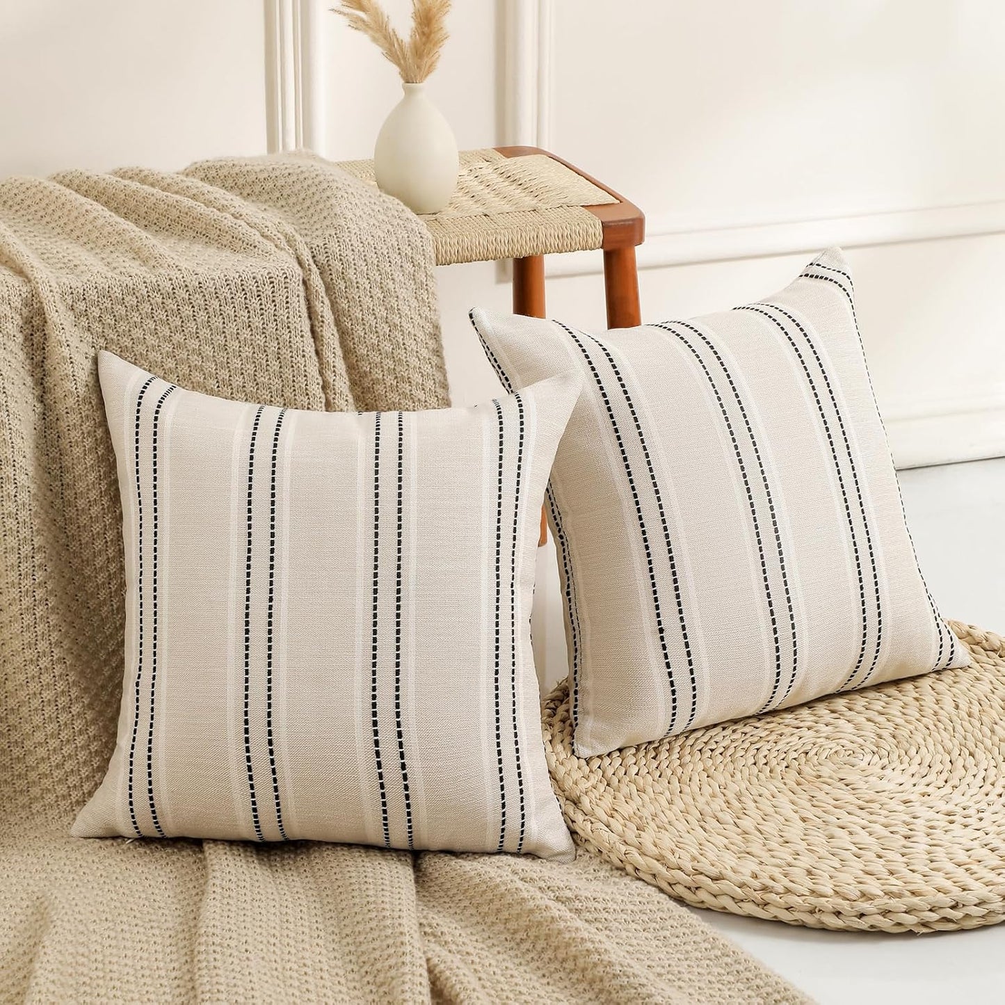 Throw Pillow Covers Striped Pillow Covers Textured Linen Decorative / Black / 20 x 20 / Set of 2