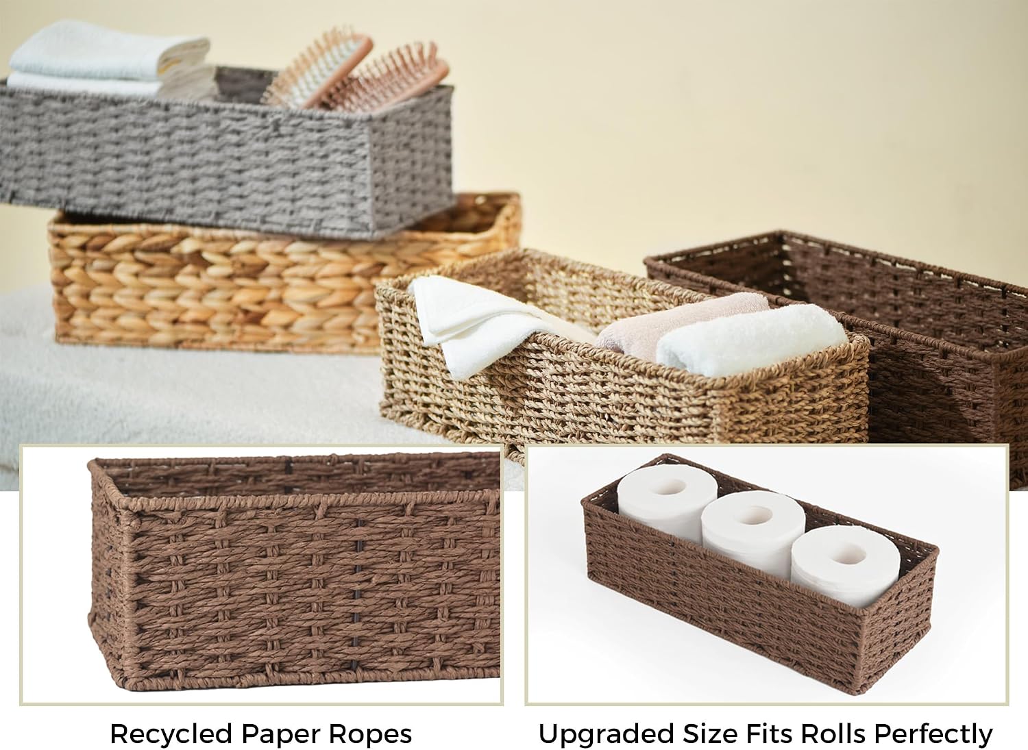 Wicker Basket / Round Paper Rope Toilet Tank Topper Basket / Brown / Set of 2