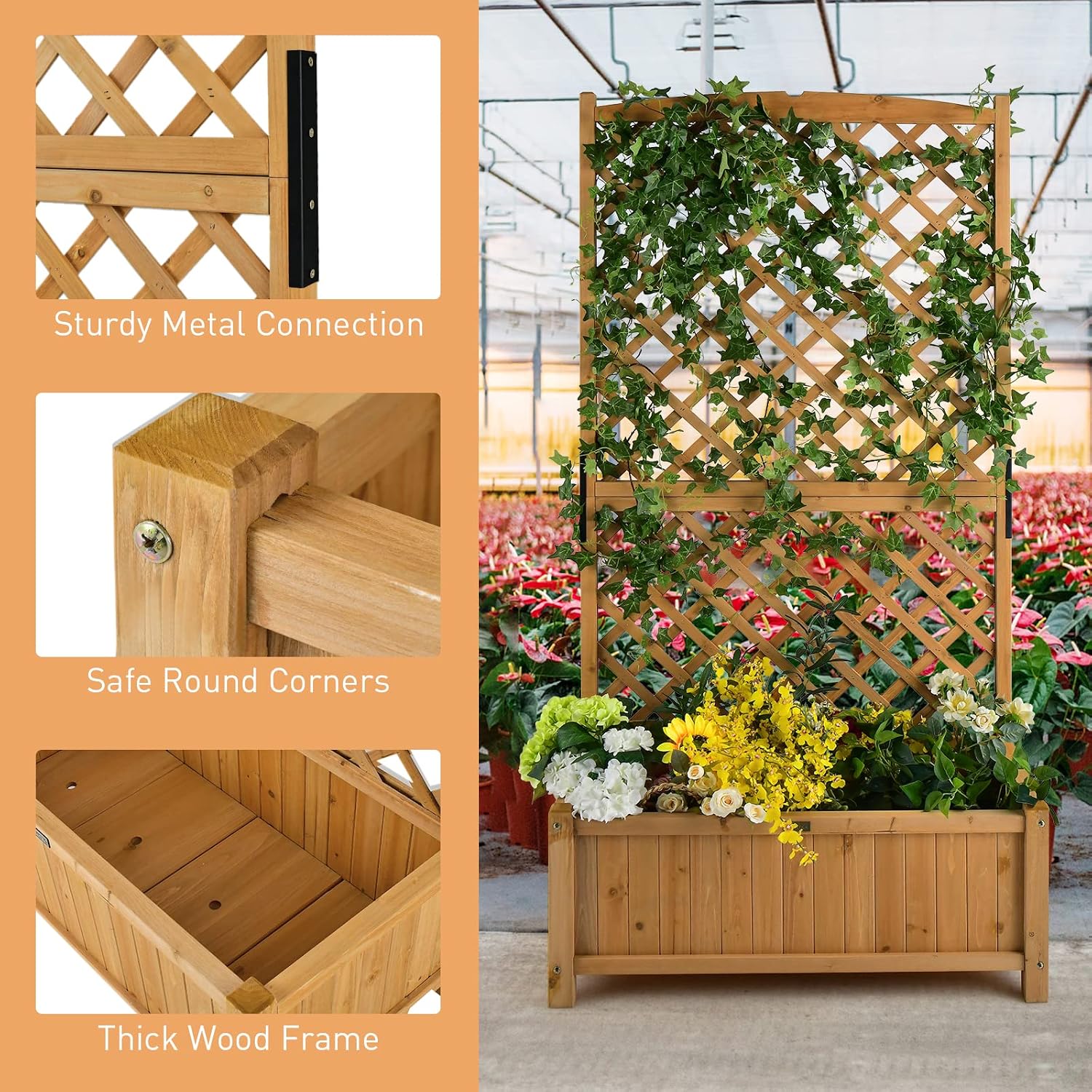 GIANTEX Planter Raised Bed with Trellis, 71" Wooden Garden Bed, High Trellis for Vine Plant Flower Climbing Pot