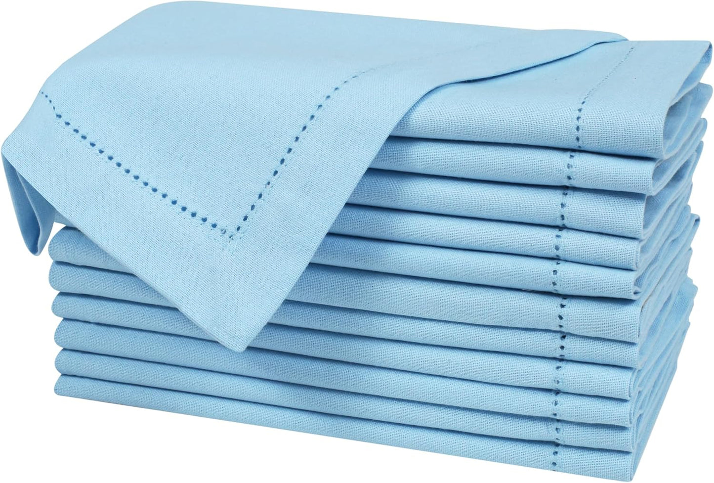 Bedding Craft Cloth Dinner Napkins Set of 12 – 18x18 Airy Blue Linen-Look Hemstitched – Soft Machine Washable Reusable