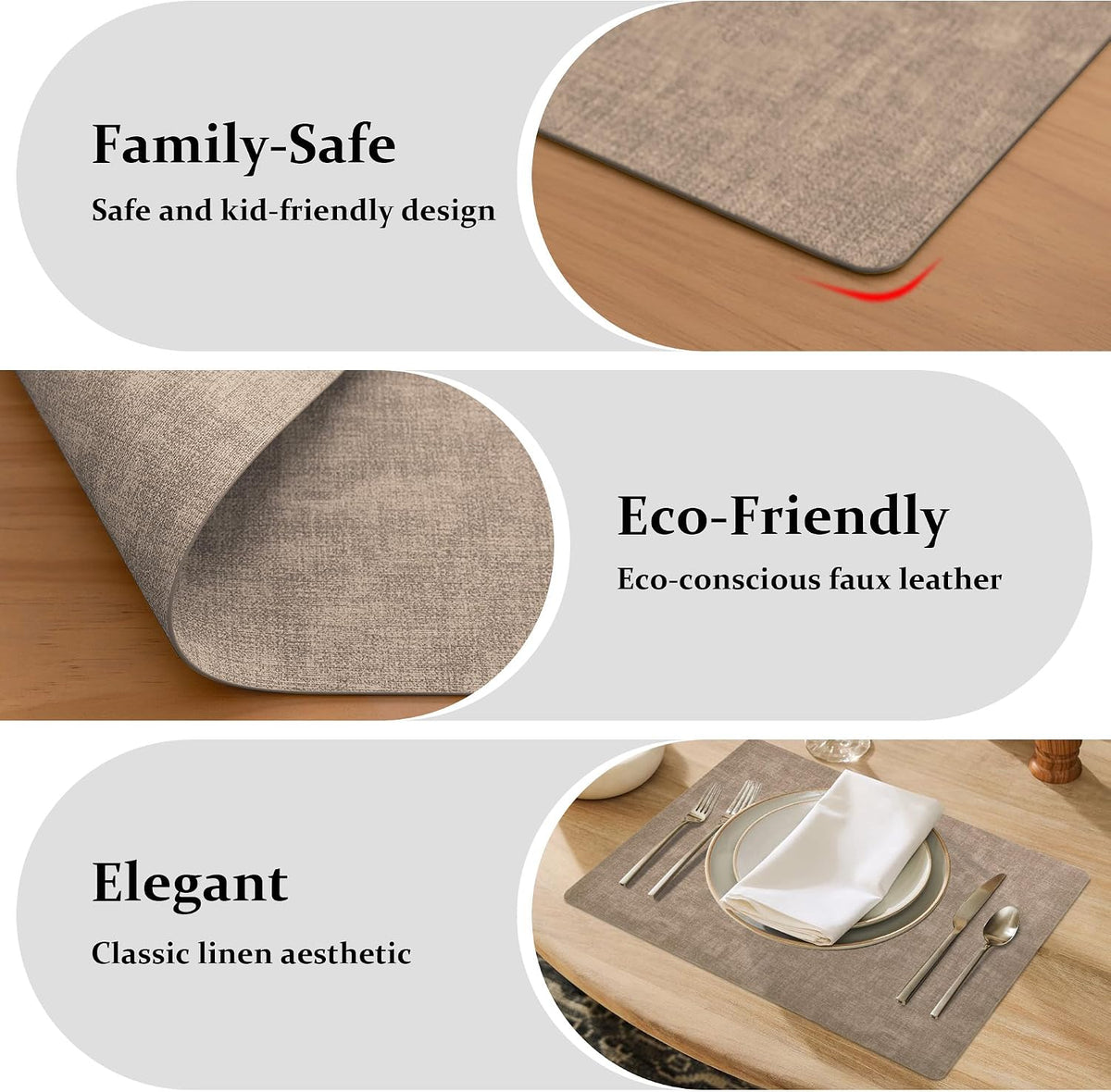 FROMHEART Faux Leather PU Placemats Set of 12 (Light Coffee,11.8" x 17") | Waterproof,Heat/Oil Stain-Resistant Table