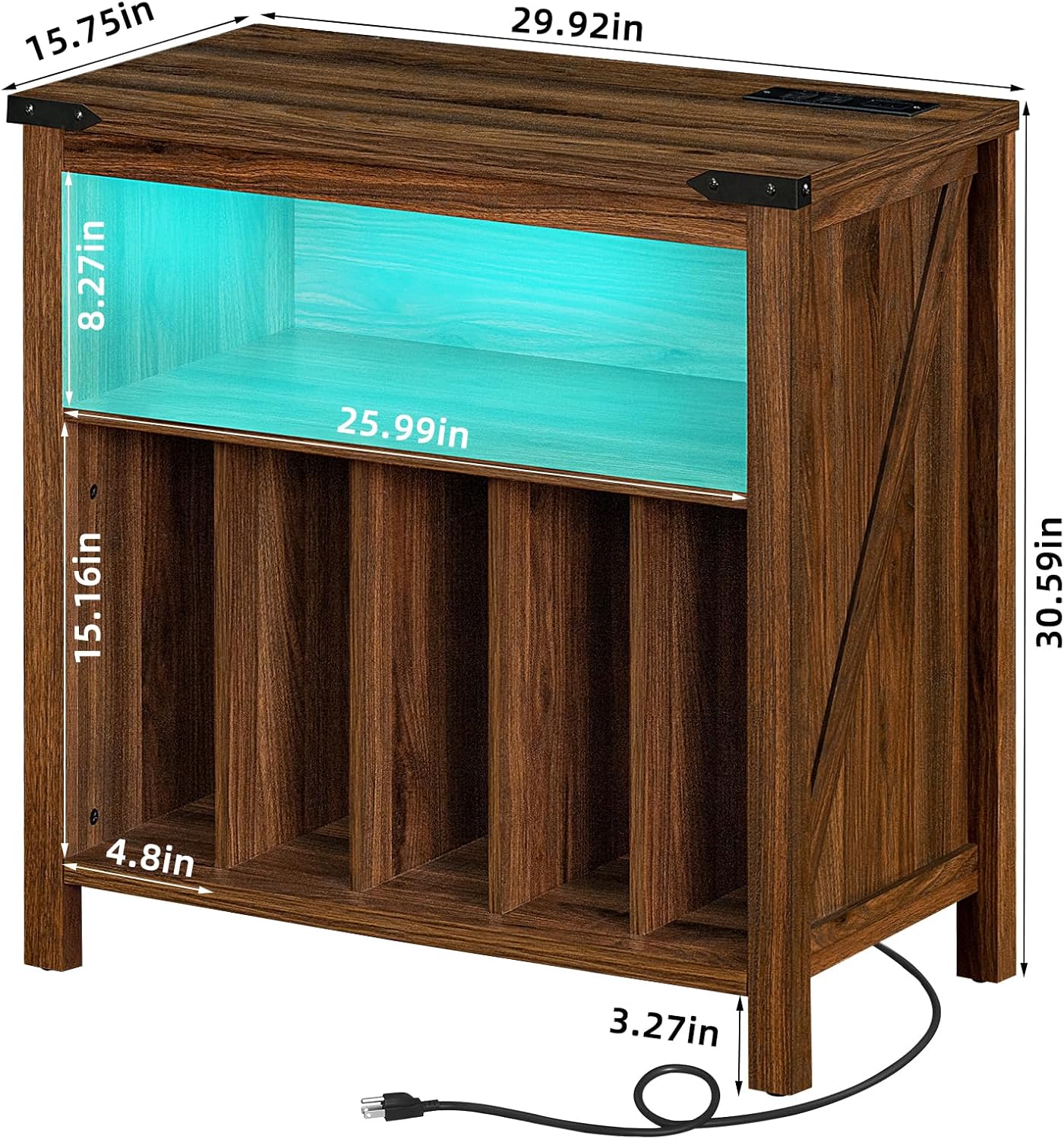 Joaxswe Large Record Player Stand with Charging Station & LED Lights, Vinyl Records Storage Holder Cabinet Holds up to