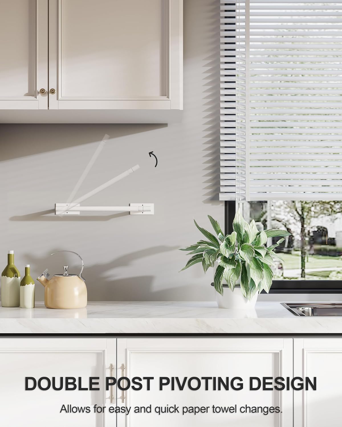 White Paper Towel Holder Under Cabinet Self Adhesive or Wall Mount | 304 Stainless Steel Post Pivoting Design No