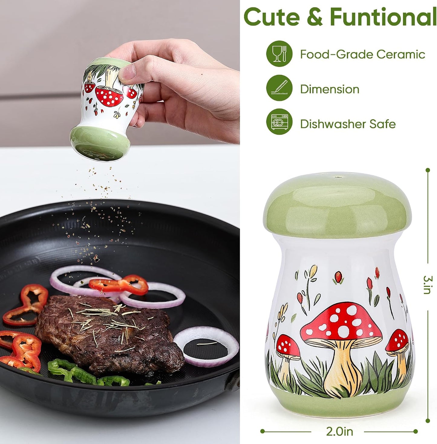 Ceramic Mushroom Salt and Pepper Shakers Set / Green