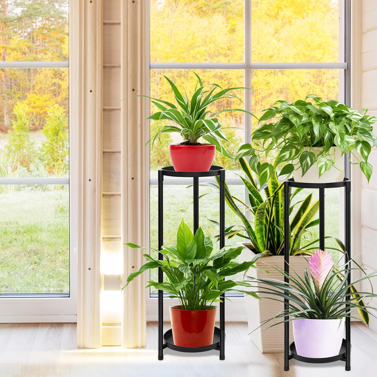 2 Tier Plant Stand Indoor, Black Corner Tiered Tall Plant Stand for Outdoor Multiple Plants, Metal Flower Pot Stands