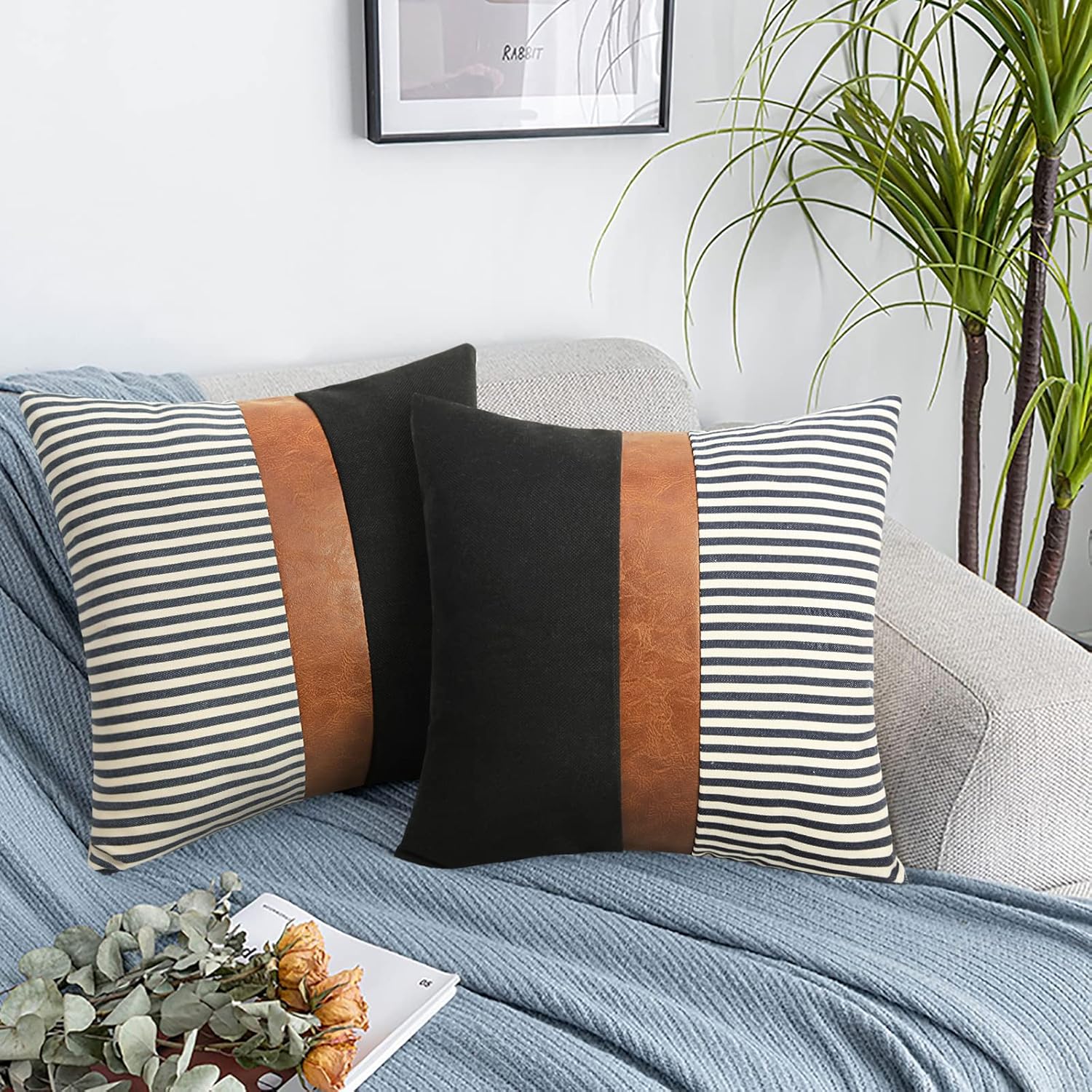Modern Tan Faux Leather Accent Pillow Covers / Black Linen and Navy Stripe / 18 x 18 / Set of 2